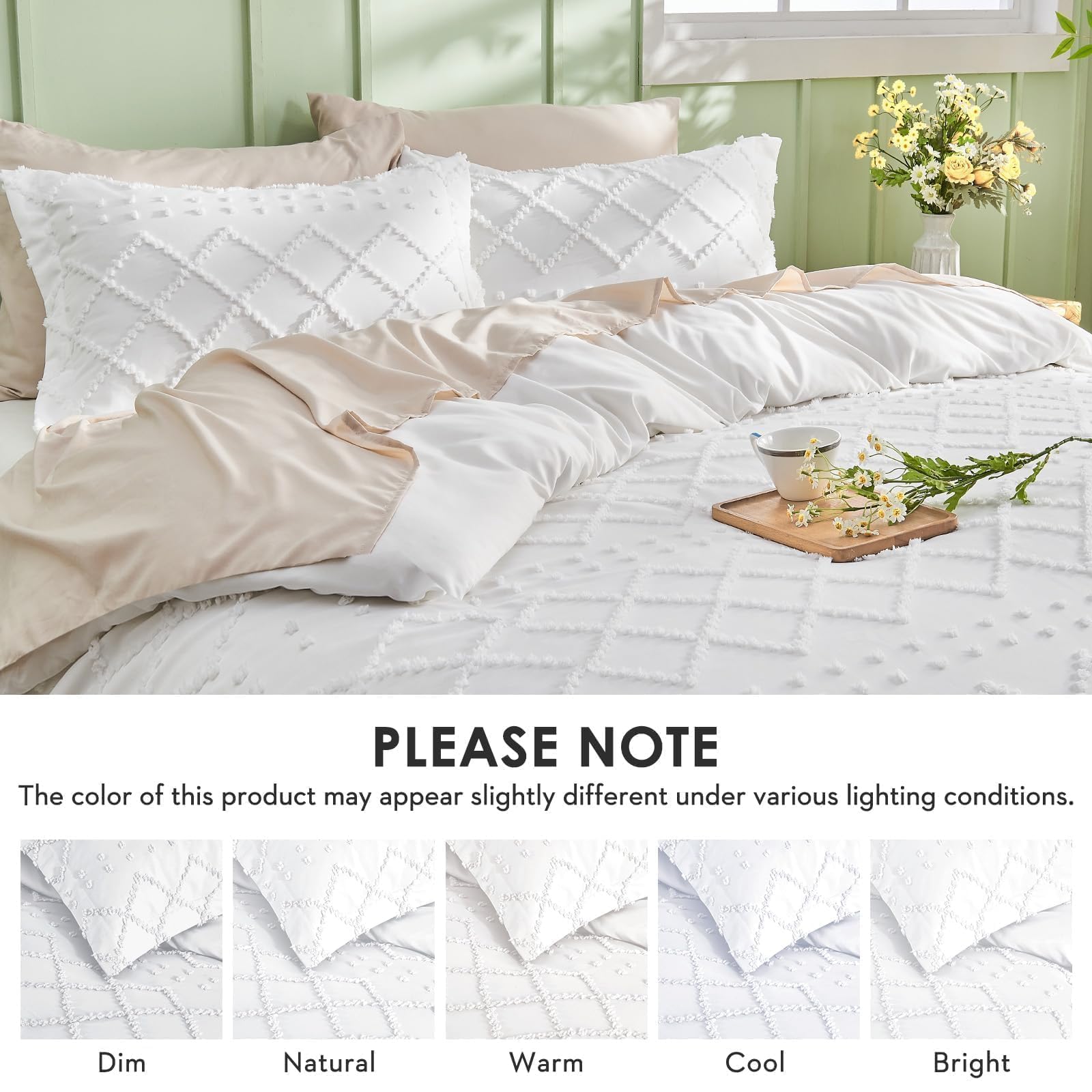 HYMOKEGE Duvet Cover Queen Size, Boho Tufted Duvet Cover Set 3 Pieces, Soft & Lightweight Shabby Chic, Embroidery Bedding Set for All Seasons, 90" × 90" & 2 Pillow Shams, White