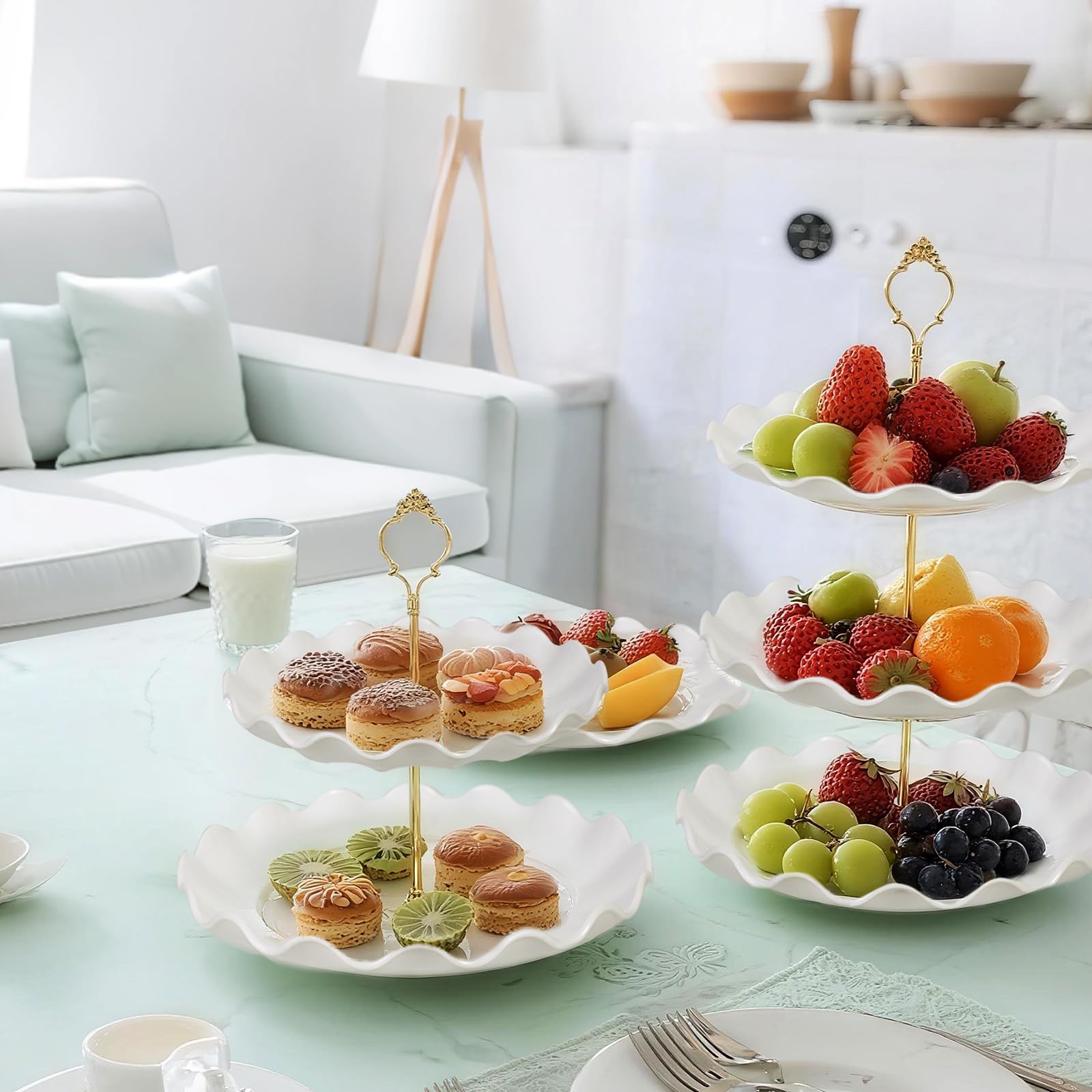 5 Pack Dessert Table Display Set, 2 Sets 3 Tier Cupcake Stand, 3 Pcs Food Serving Trays, Tiered White Plastic Cup Cake Tower for Birthday Baby Shower Wedding and Tea Party Supplies (5, Large)