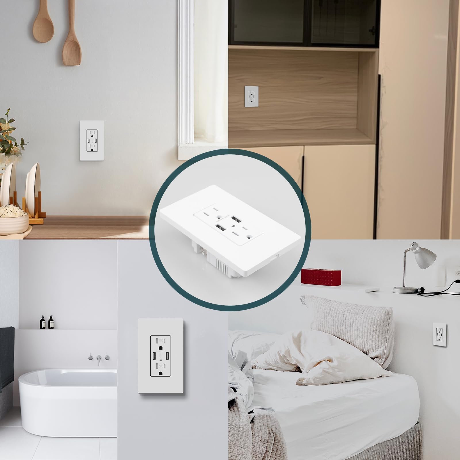 TOPELER 2Pack USB Wall Outlet, Receptacle Outlet with 4.8A Charging Capacity, 15A Tamper Resistant Electrical Socket, Screwless Wall Plate Included, UL & FCC Approved, White