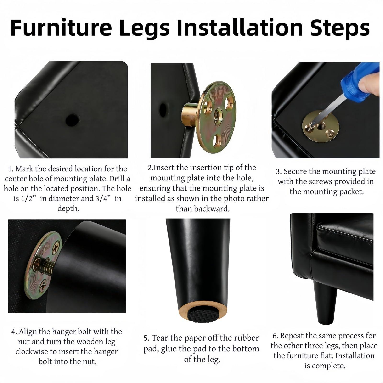WEICHUAN Black Round Solid Wood Replacement Legs for Sofa, Couch, Chair, Ottoman, Loveseat, Coffee Table, Cabinet Furniture (4" Set of 4)
