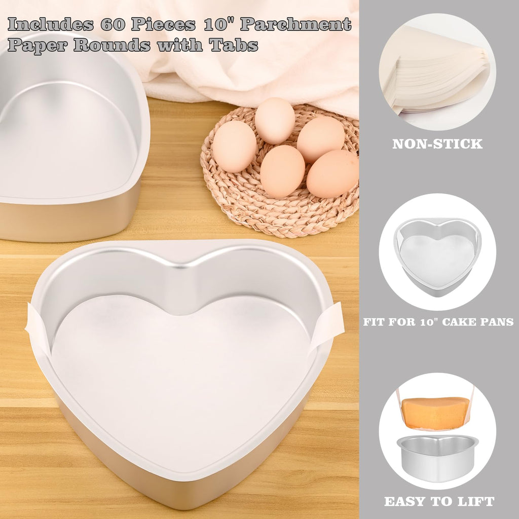 HUAKENER 10 Inch Heart Cake Pan, Set of 2 Heart Shaped Cake Pans with 60 Pieces Parchment Paper, Non-stick Cake Baking Pans for Kitchen Birthday Wedding