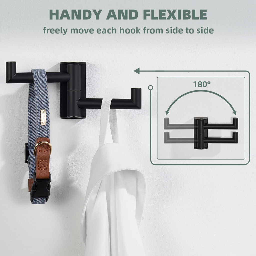 Angle Simple Swivel Double Towel Hook Matte Black, 304 Stainless Steel Robe Hook for Bathroom