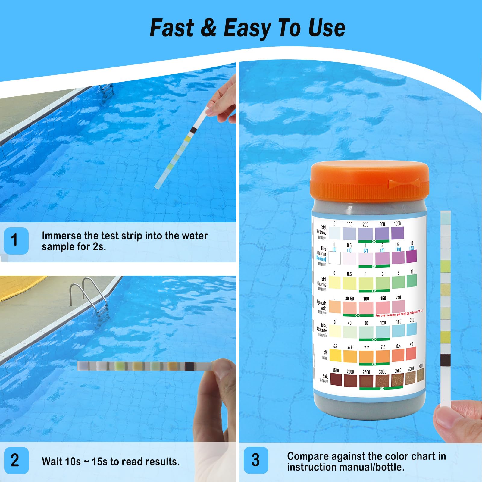 GAOQSEMG 8 in 1 Pool and Spa Test Strips, Salt Pool Test Strips Hot Tub Saltwater Testing Kits Quick & Accurate Testing Salt,Bromine,Chlorine,pH,Hardness,Cyanuric Acid,Alkalinity,100 Strips