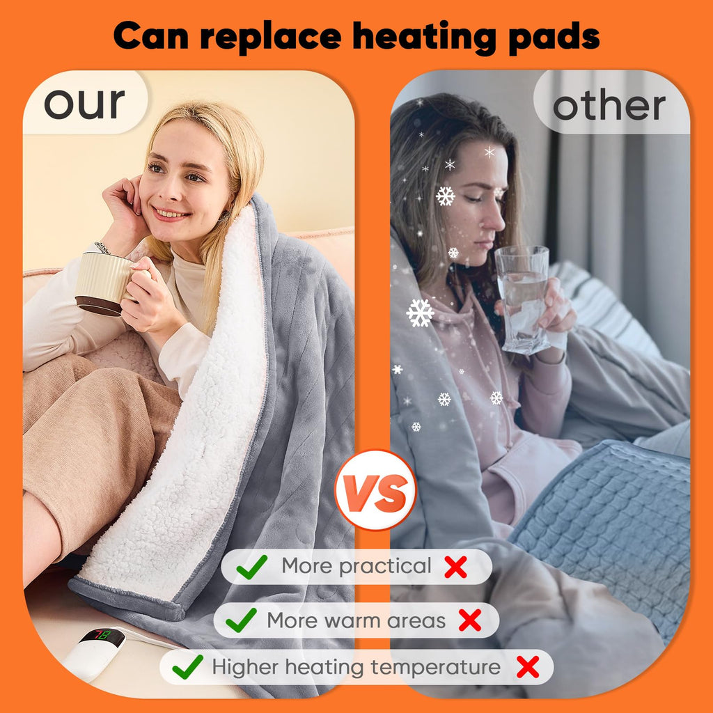 Heated Blanket Electric Blanket Throw,50“ x 60” Heating Blanket,Thick Warming Plush Electric Lap Sherpa Gifts for Women,Mom,Grandma with 5-Position Timer &10 Heating Levels,Grey