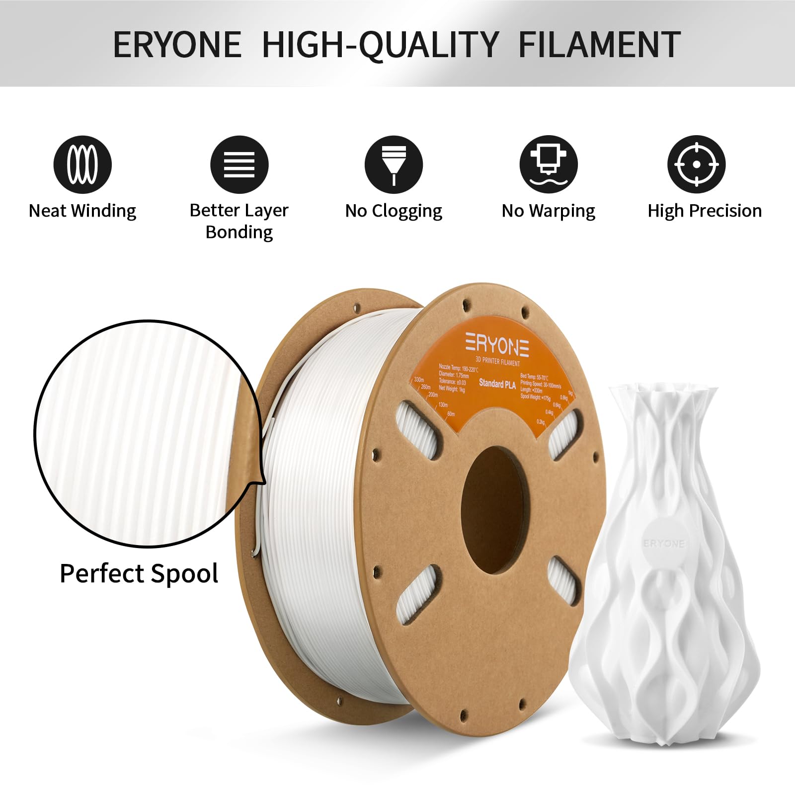 ERYONE PLA Filament 3D Printer PLA Filament 1.75mm +/- 0.03mm, PLA Filament 1KG Cardboard Spool(2.2LBS), White