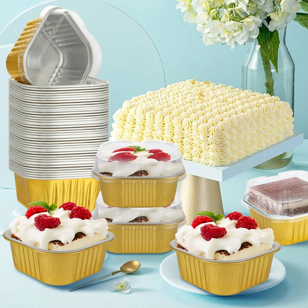100Pcs Aluminum Foil Disposable Ramekins with Lids, 5.5oz Small Baking Cups Mini Cake Pans with Lids, Individual Cake Tins Square Cupcake Dessert Cake Containers Mini Loaf Pans for Cheesecake Muffin
