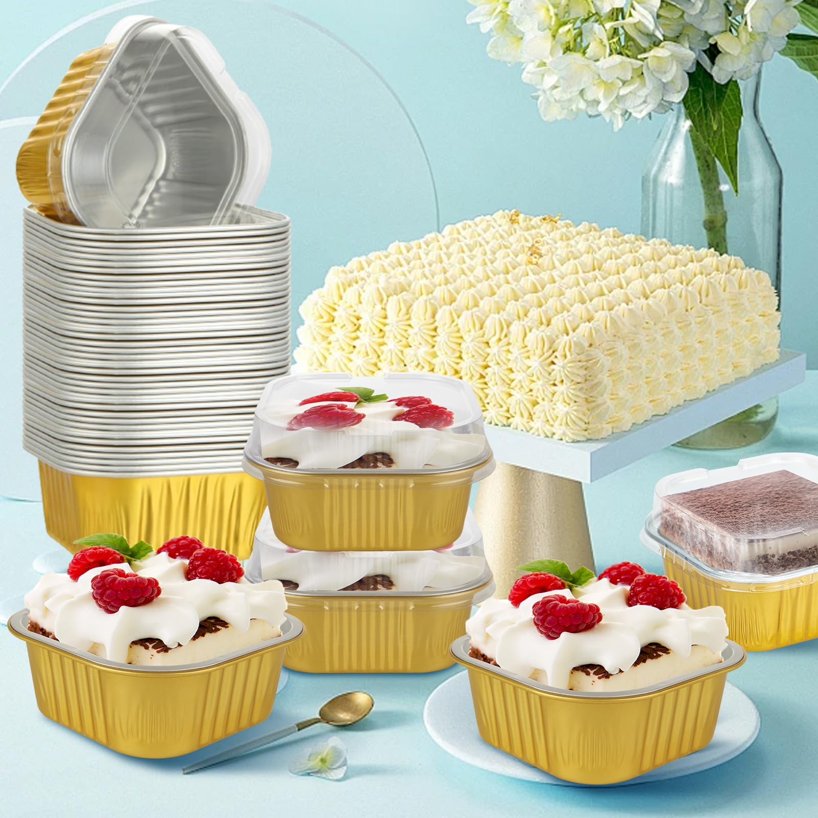 100Pcs Aluminum Foil Disposable Ramekins with Lids, 5.5oz Small Baking Cups Mini Cake Pans with Lids, Individual Cake Tins Square Cupcake Dessert Cake Containers Mini Loaf Pans for Cheesecake Muffin