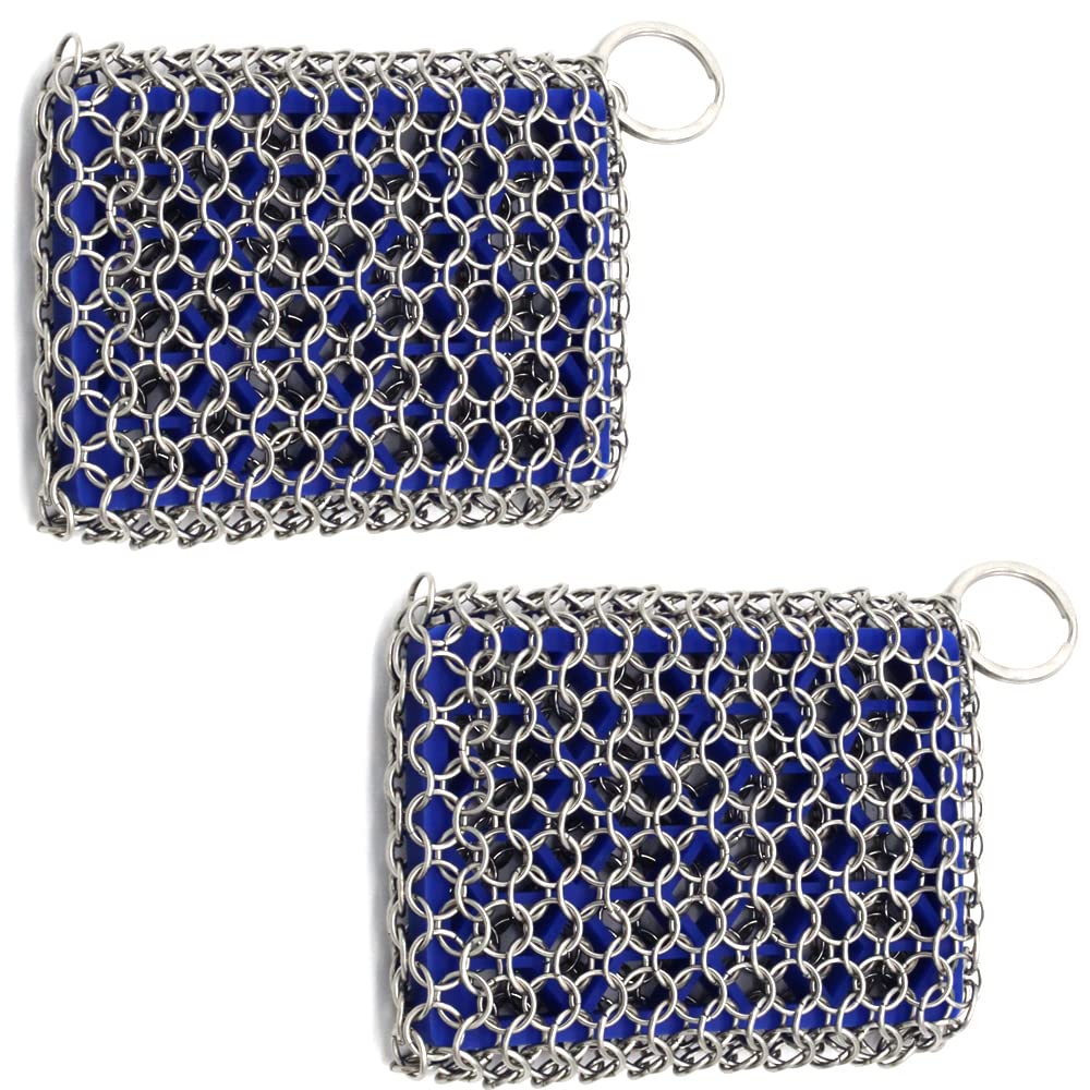 2 Pack Cast Iron Scrubber 316 Stainless Steel with Silicone Insert Durable Flexible Chain Cleaner Cleaner for All Types of Griddles Pots Skillet Grills Kitchen Cookware BBQ Tools & Ovens (Blue*2)