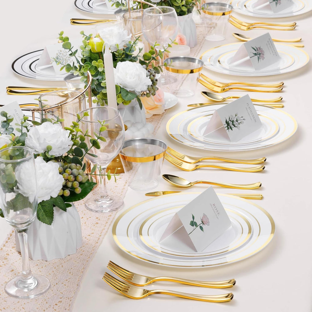 Goodluck 50PCS Gold Plastic Plates, 10.25 Inch Disposable Dinner Plate Party with Gold Rim, Heavy Duty Disposable Plastic Plates for Party, Wedding and Birthday