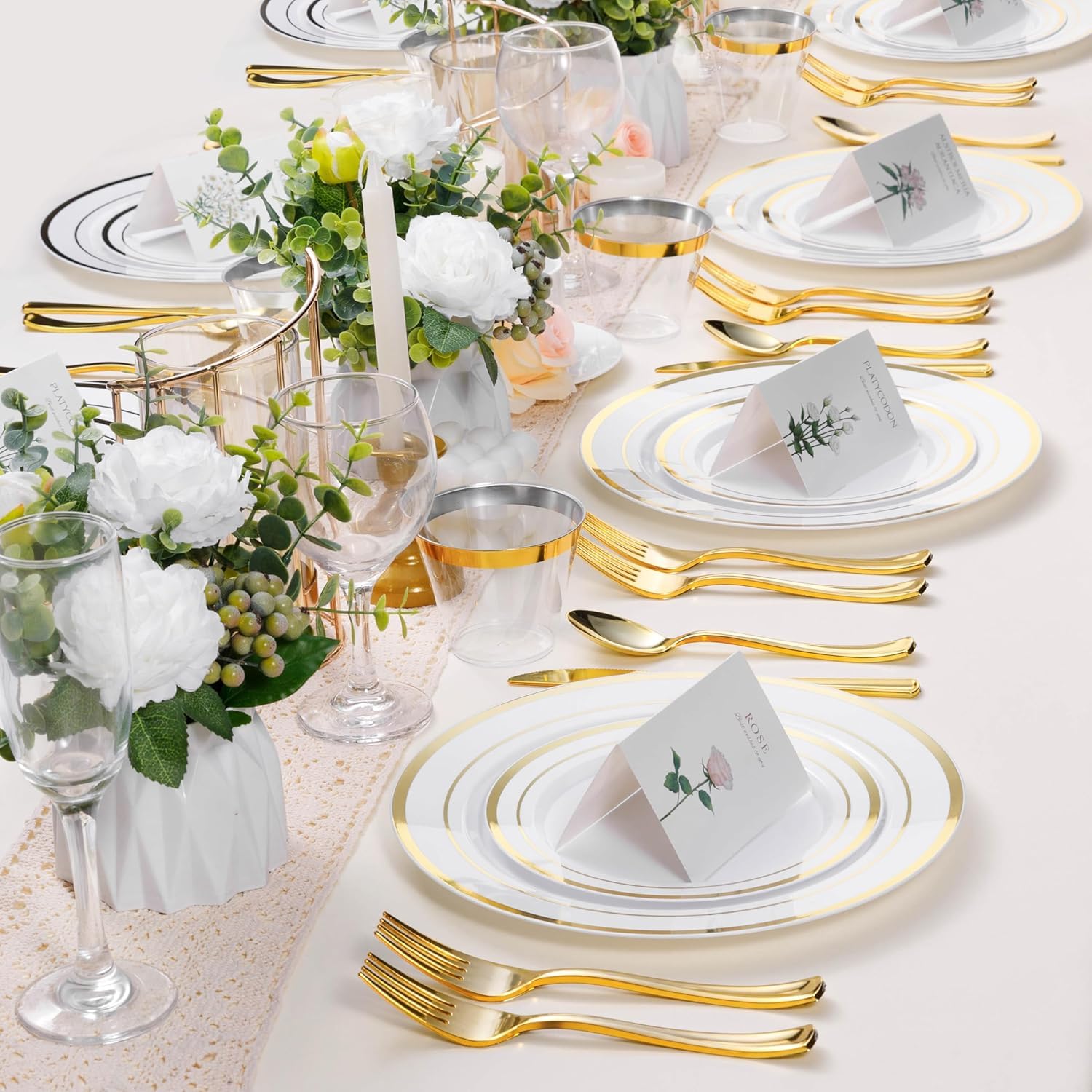 Goodluck 50PCS Gold Plastic Plates, 10.25 Inch Disposable Dinner Plate Party with Gold Rim, Heavy Duty Disposable Plastic Plates for Party, Wedding and Birthday