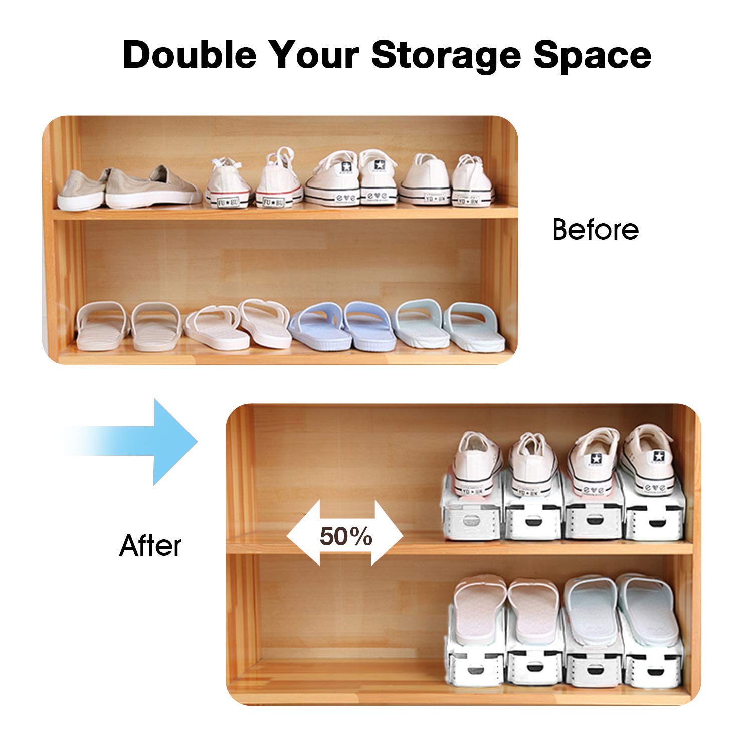 Shoe Slots Organizer 20 Pack, Adjustable Shoe Storage Organizer Shoe Stand Space Saver, Shoe Organizer for Closet Double Deck Shoe Rack Holder, Rangement Chaussures (White)