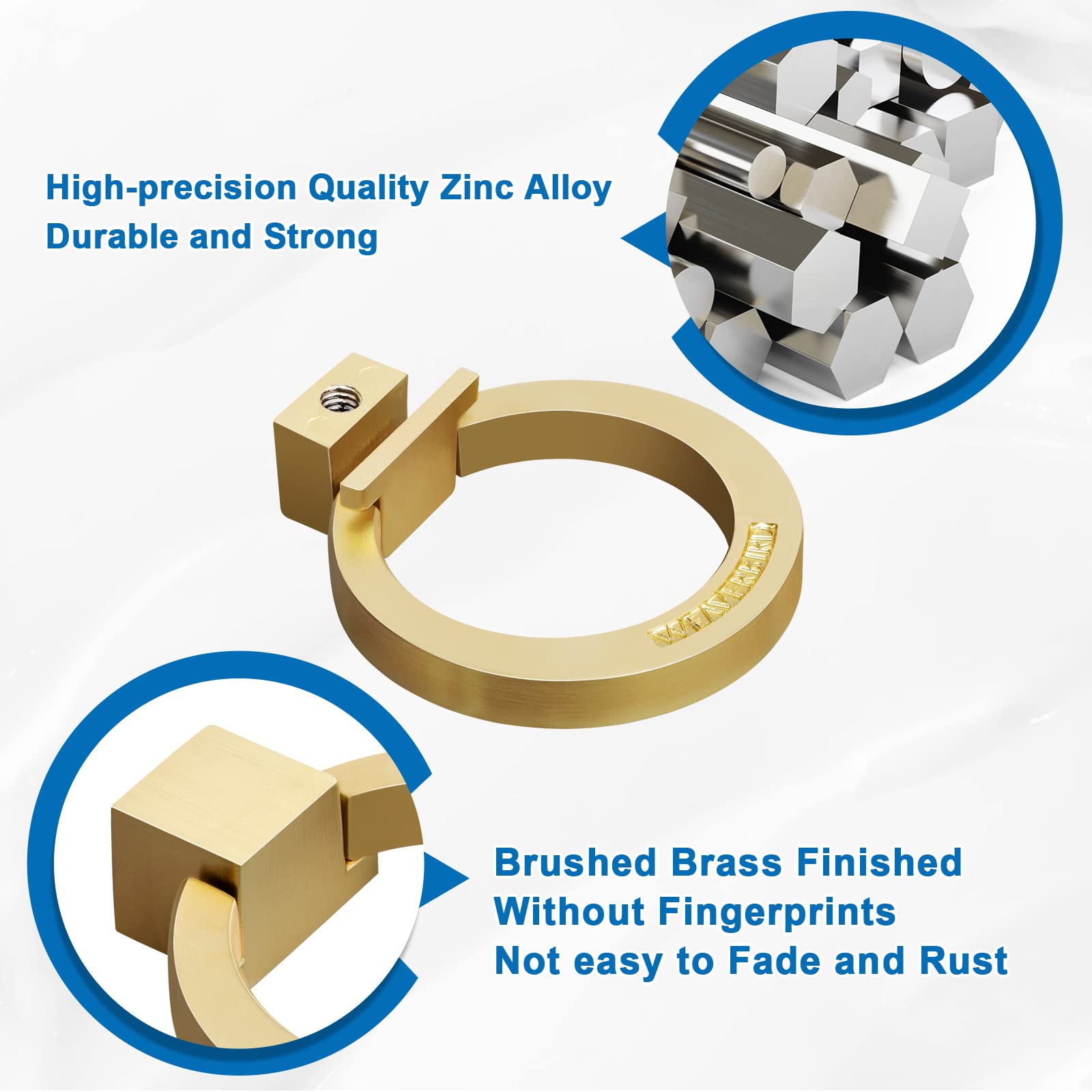 WEAVERBIRD Brushed Brass Finish Cabinet Knobs Gold Zinc Alloy Modern Kitchen Ring Pull Handles 1.57" Diameter Single Hole for Drawer - Pack of 10