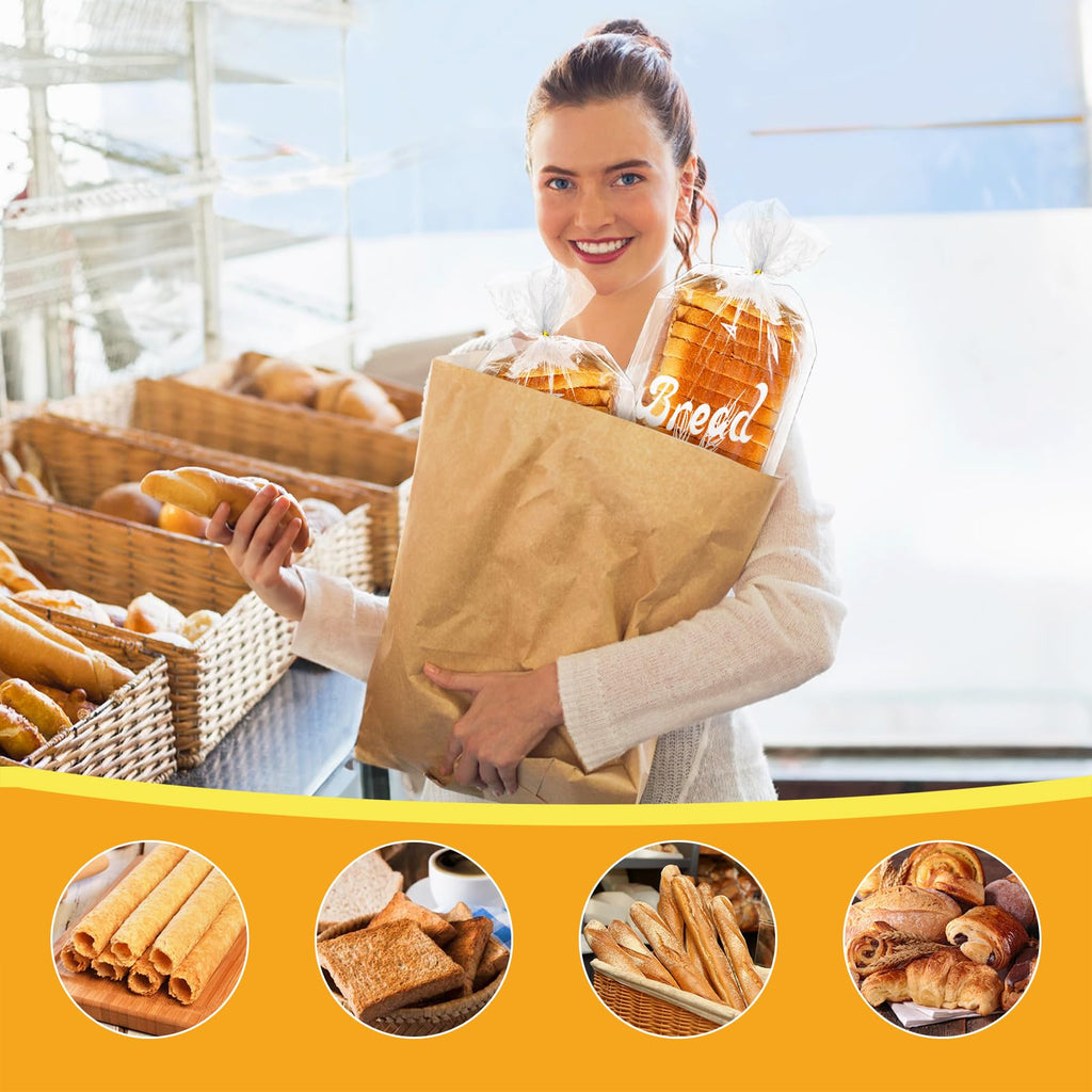 Nicunom 200 Pack Reusable Plastic Bread Bags, Gold Ties, 8” x 4” x 18”, Clear, Sturdy, BPA Free, Perfect for Bread, Bakery, Home Bakers, and Food Service Industries