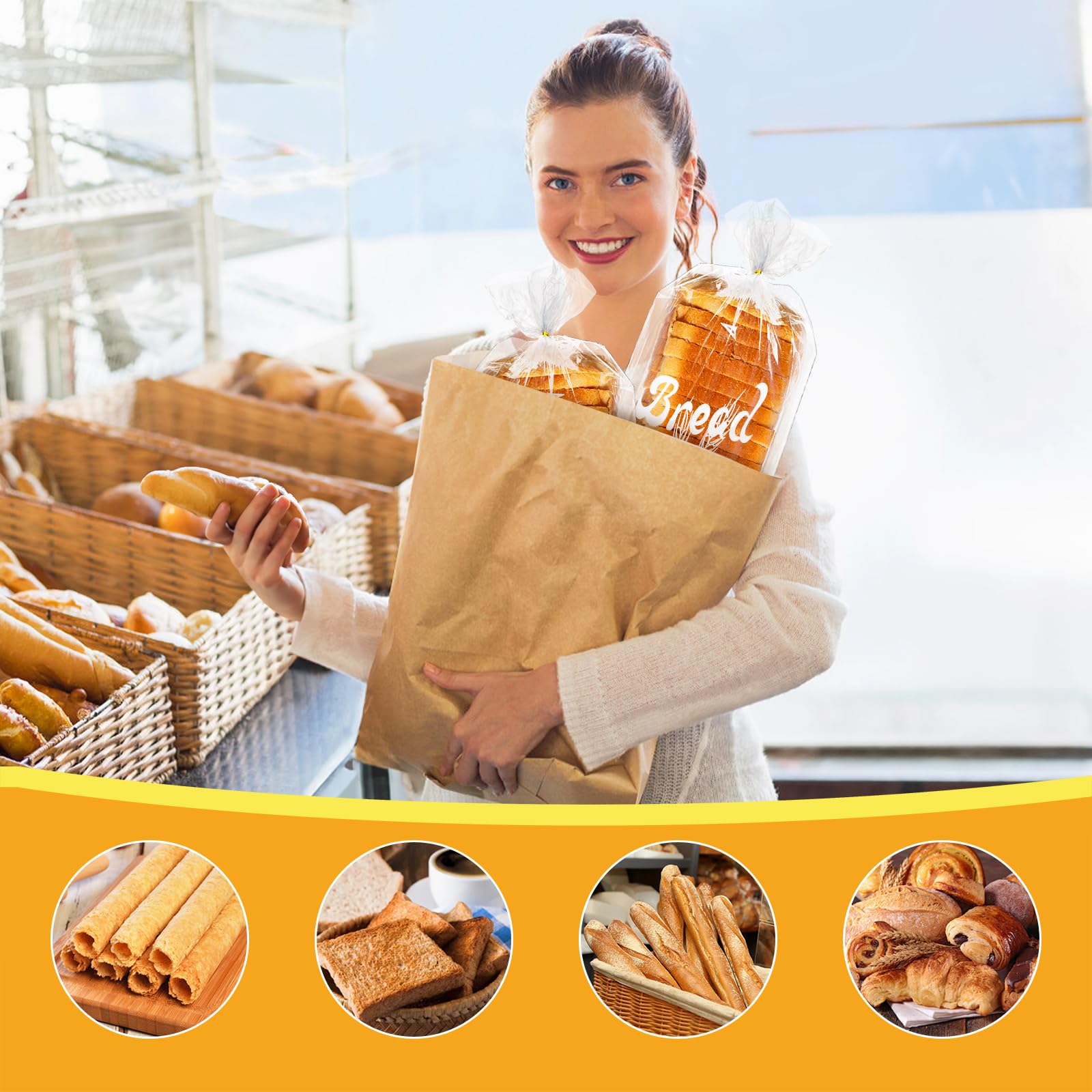 Nicunom 200 Pack Reusable Plastic Bread Bags, Gold Ties, 8” x 4” x 18”, Clear, Sturdy, BPA Free, Perfect for Bread, Bakery, Home Bakers, and Food Service Industries