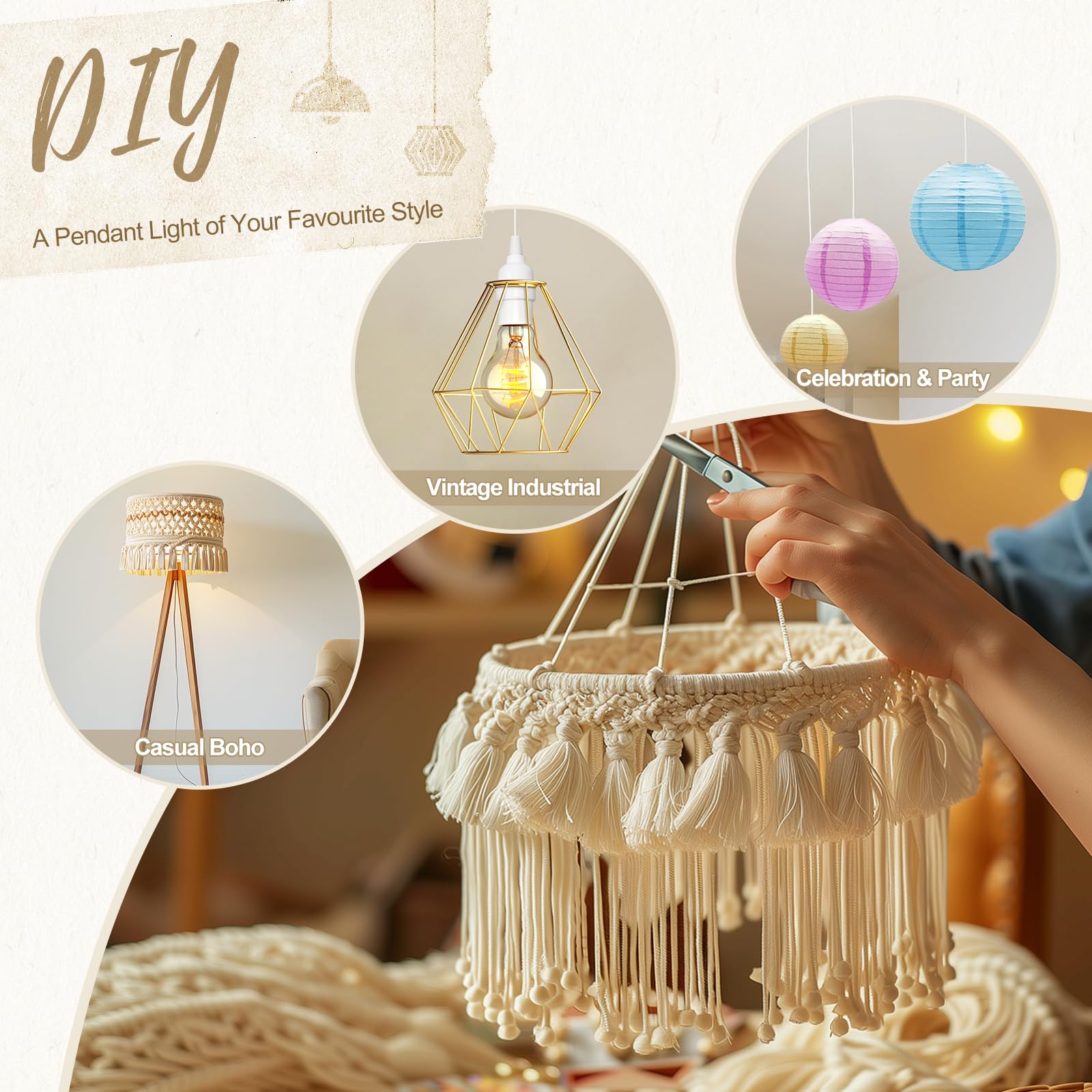 DiCUNO Hanging Extension Lantern Cord, 19.7Ft Cable with E26 Bulb Socket, 2-Prong Plug and On/Off Switch Button, White Pendant Lamp Cord for Kitchen Bedroom Plant Growth Light, 2 Pack