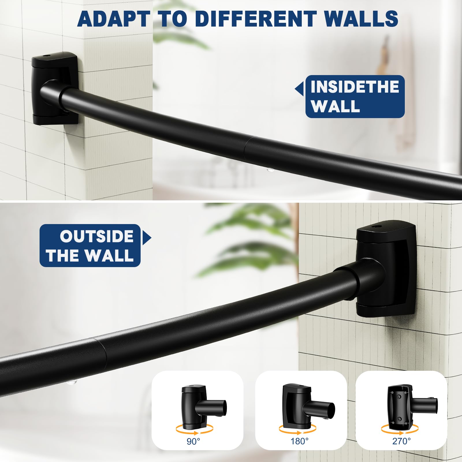 Abiglifty Curved Shower Curtain Rod, 43-78 Inches Adjustable Curved Shower Rod, Shower Curtain Rod, Round Extra Wide Shower Rod for Bathroom, Bathtub, Stall, Need to Drill, Black (43-78 Inches)