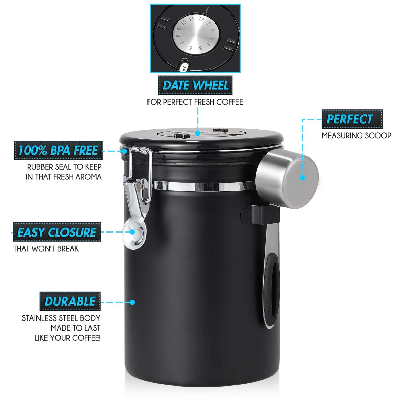 Hossejoy Stainless Steel Coffee Canister, Airtight Coffee Beans Container with Date Tracker & Spoon for Sugar Tea Jar Storage, 1.8 L / 22oz