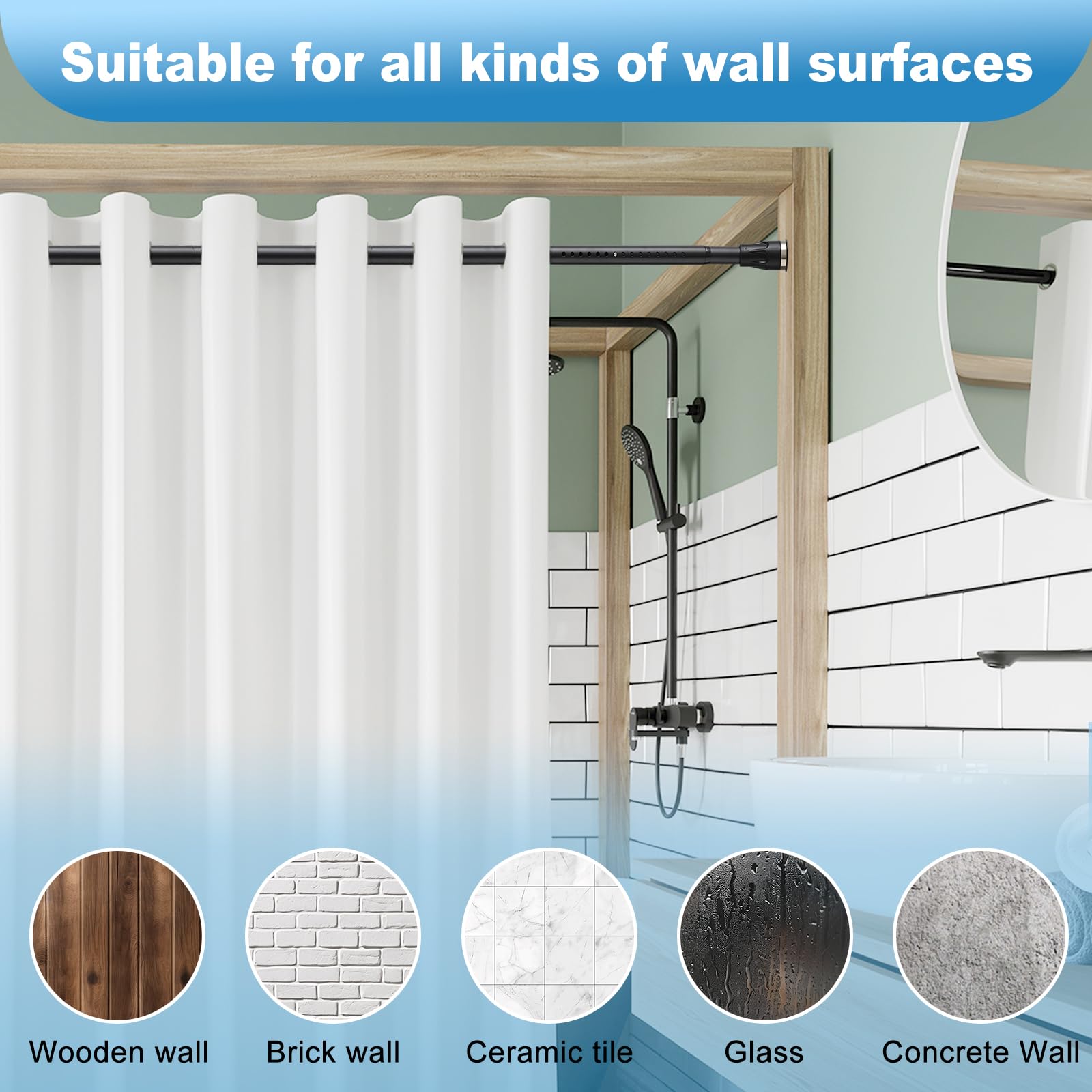 Tension Shower Curtain Rod, 42 to 100 inch Adjustable Heavy Duty black shower tension curtain rod for bathroom Closet Windows