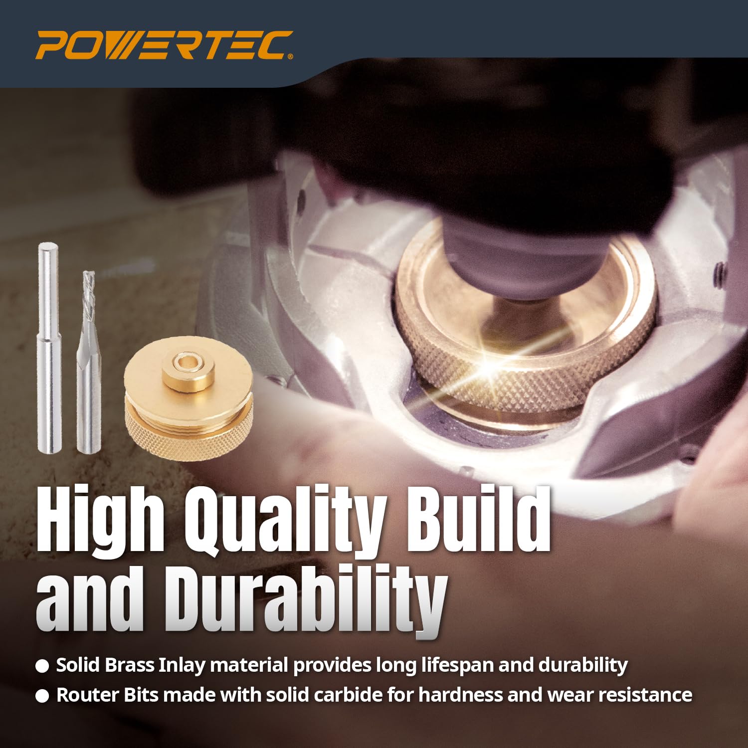 POWERTEC 71333 Router Bits Solid Brass Inlay Kit | for 1/4 Templates for High RPM Routing | Includes 1/8 Carbide Router Bit/Cutter + 1/4 Shank, Universal Bushing, Retainer Nut, Collar, Alignment Pin
