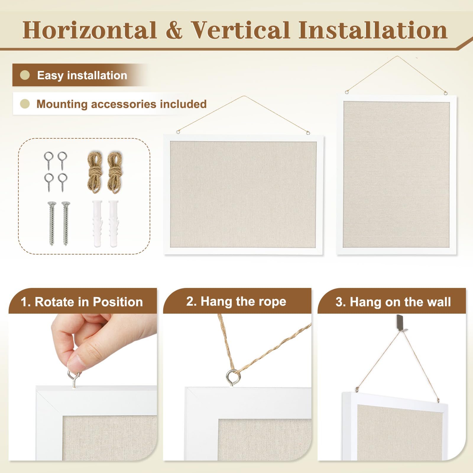 AMUSIGHT 2-Pack Double-Sided Cork Board with Linen, 16" x 12" Hanging Wood Framed Bulletin Board, Picture Display Vision Board Corkboards for Wall Room School Office Decor, 20 Pushpins (Vintage White)