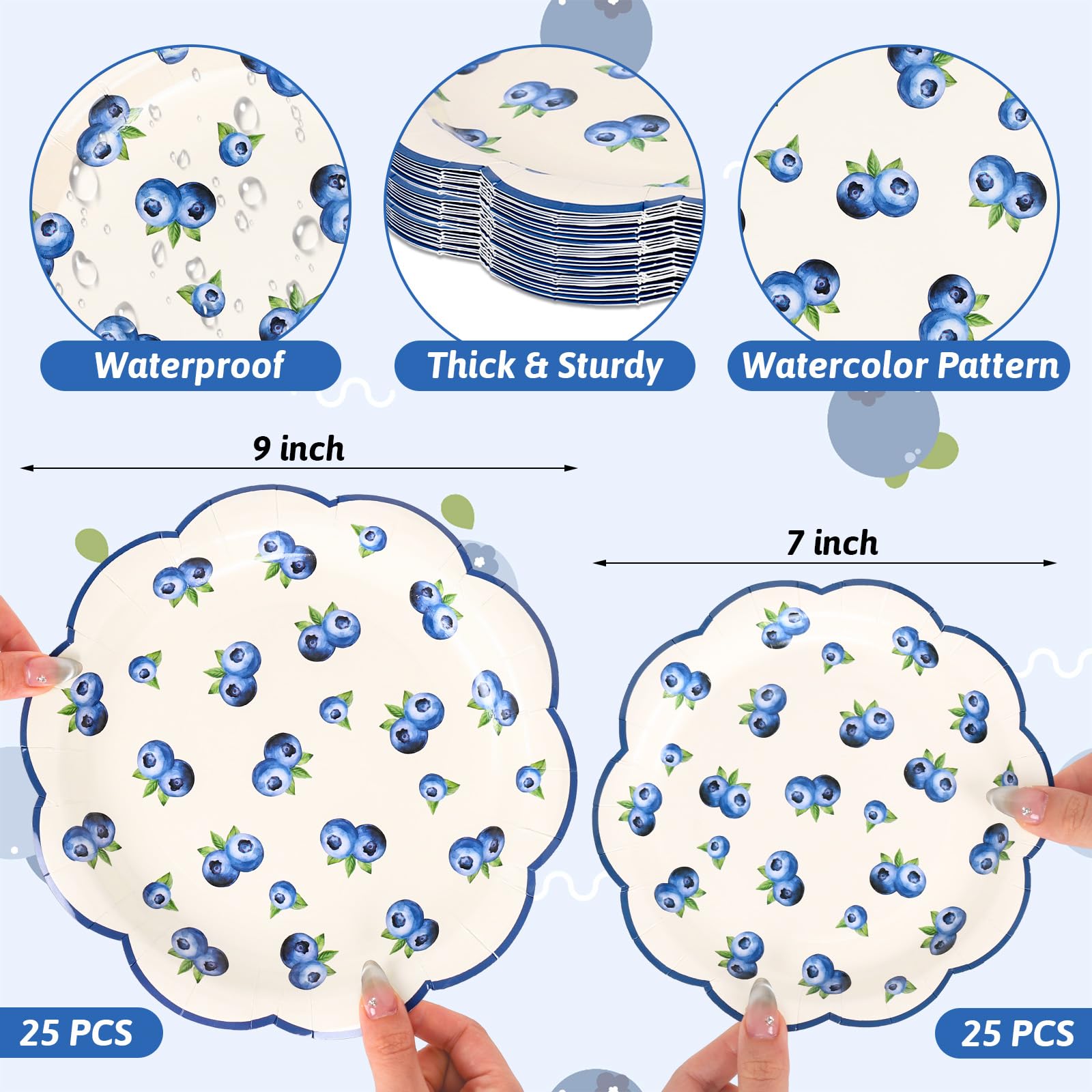 FYSUIMU 50Pcs Blueberry Scalloped Paper Plates 7 & 9 Inch Disposable Dinner Dessert Plates for Summer Birthday Baby Shower Party Supplies