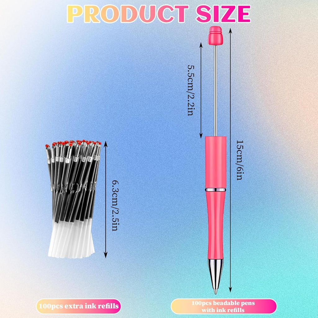 100 Pcs DIY Beadable Pens, Plastic Ballpoint Pens Bulk, Bead Pen with 100 Extra Refill Black Ink for Making Gift Students School Office Supplies (Multicolor)