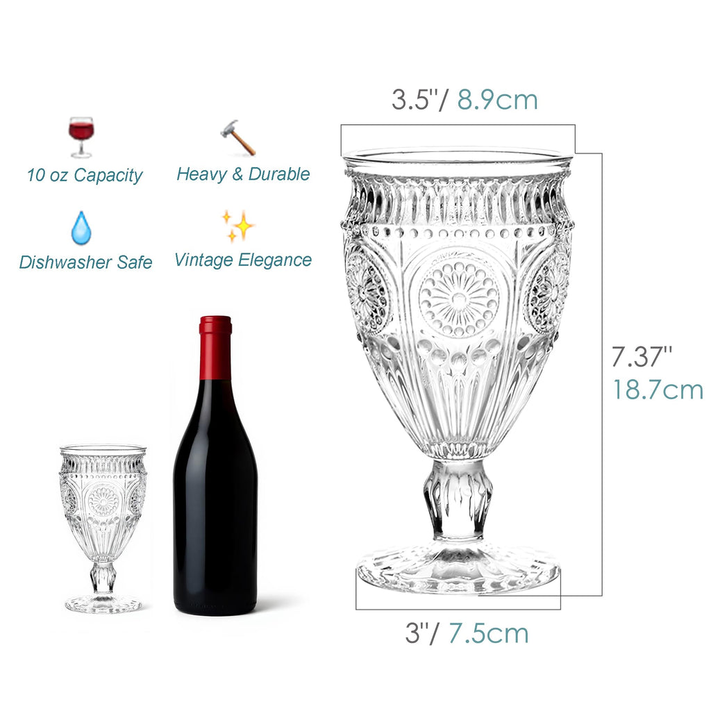 Kingrol 6 Pack Wine Glasses Goblets, 10 oz Vintage Water Glasses, Romantic Mixed Drink Glasses for Party, Daily Use