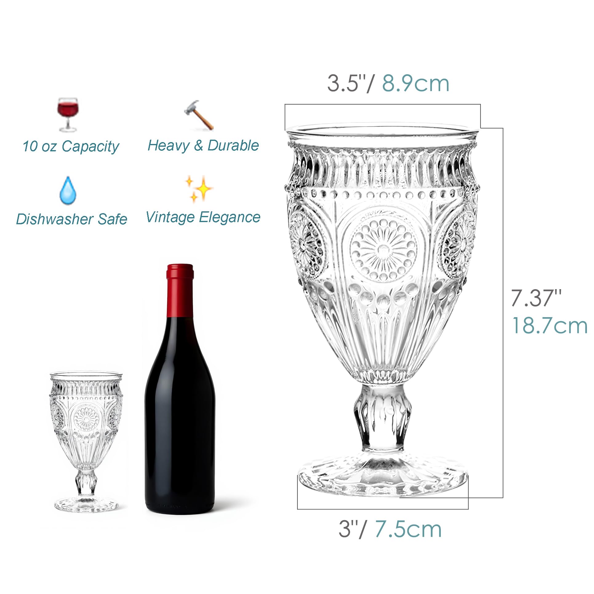 Kingrol 6 Pack Wine Glasses Goblets, 10 oz Vintage Water Glasses, Romantic Mixed Drink Glasses for Party, Daily Use