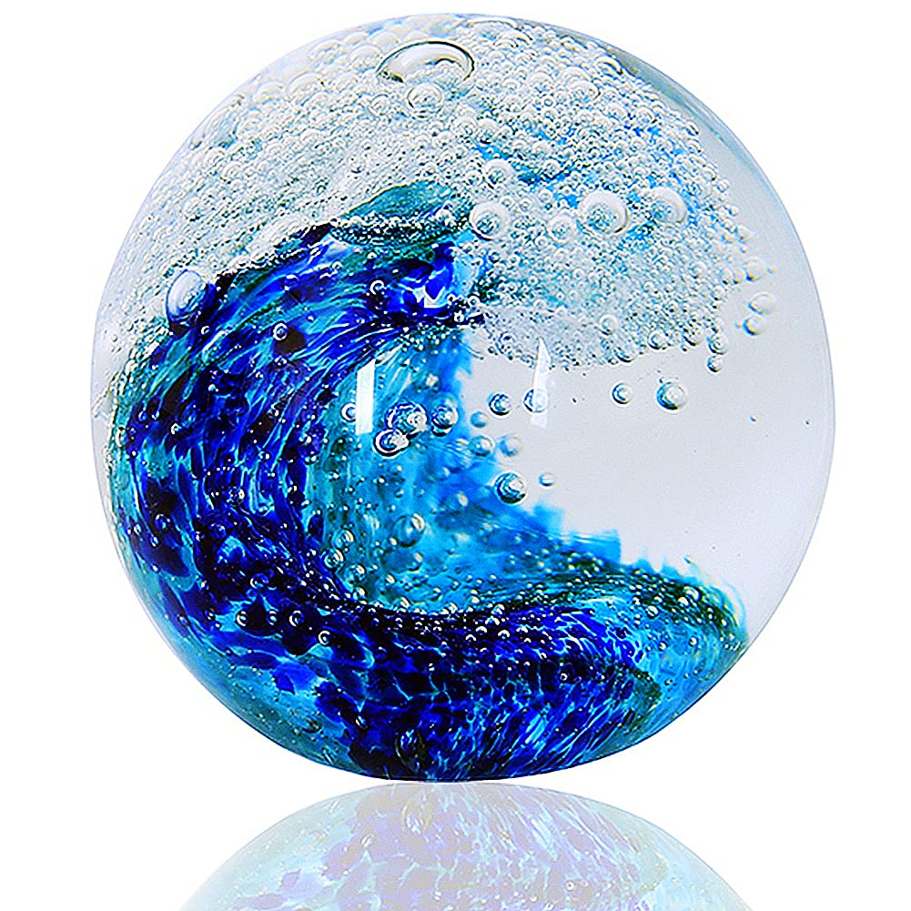 Hand Blown Glass Figurines Ball Ocean Waves,Paperweight Glass Ball,Home Decor Collectible,Aquarium Decor,Office Decor Ocean Lovers