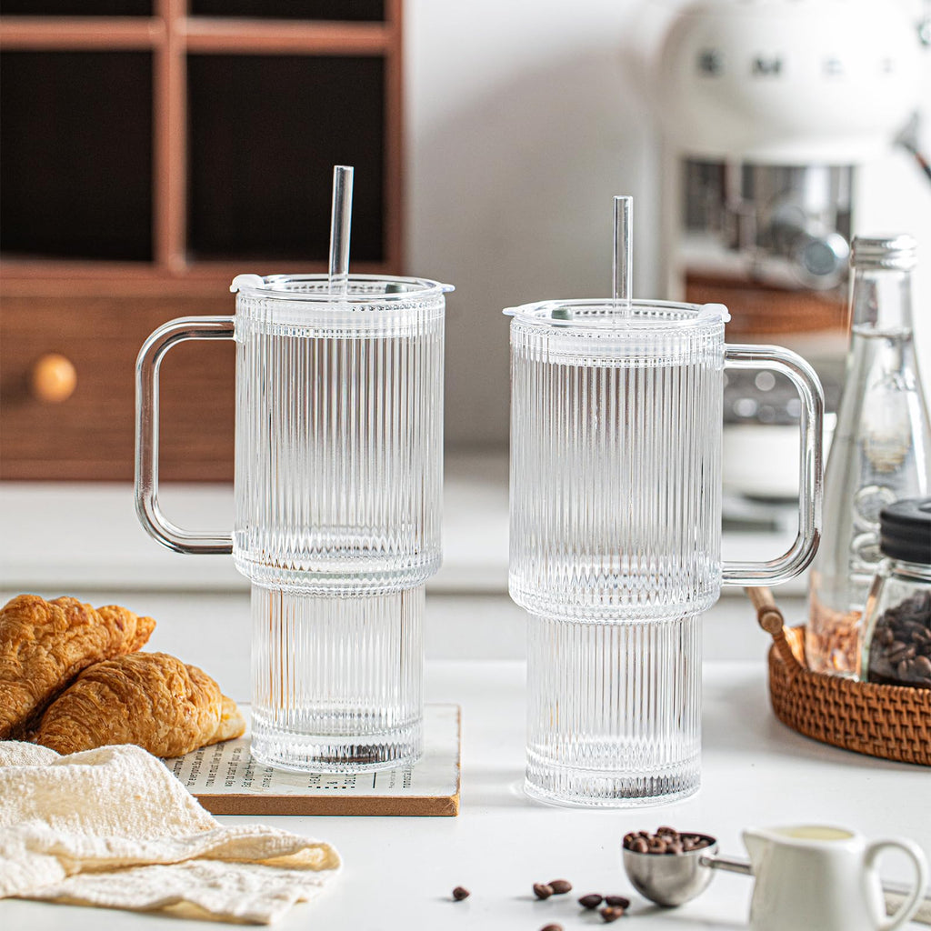 INSETLAN 26oz Ribbed Glass Tumbler with Handle & Lid – 2-Pack Large Iced Coffee Cups with Straws, Modern Glass Mug for Cold & Hot Beverages, Aesthetic Travel Cup for Smoothies, Tea, and Juice