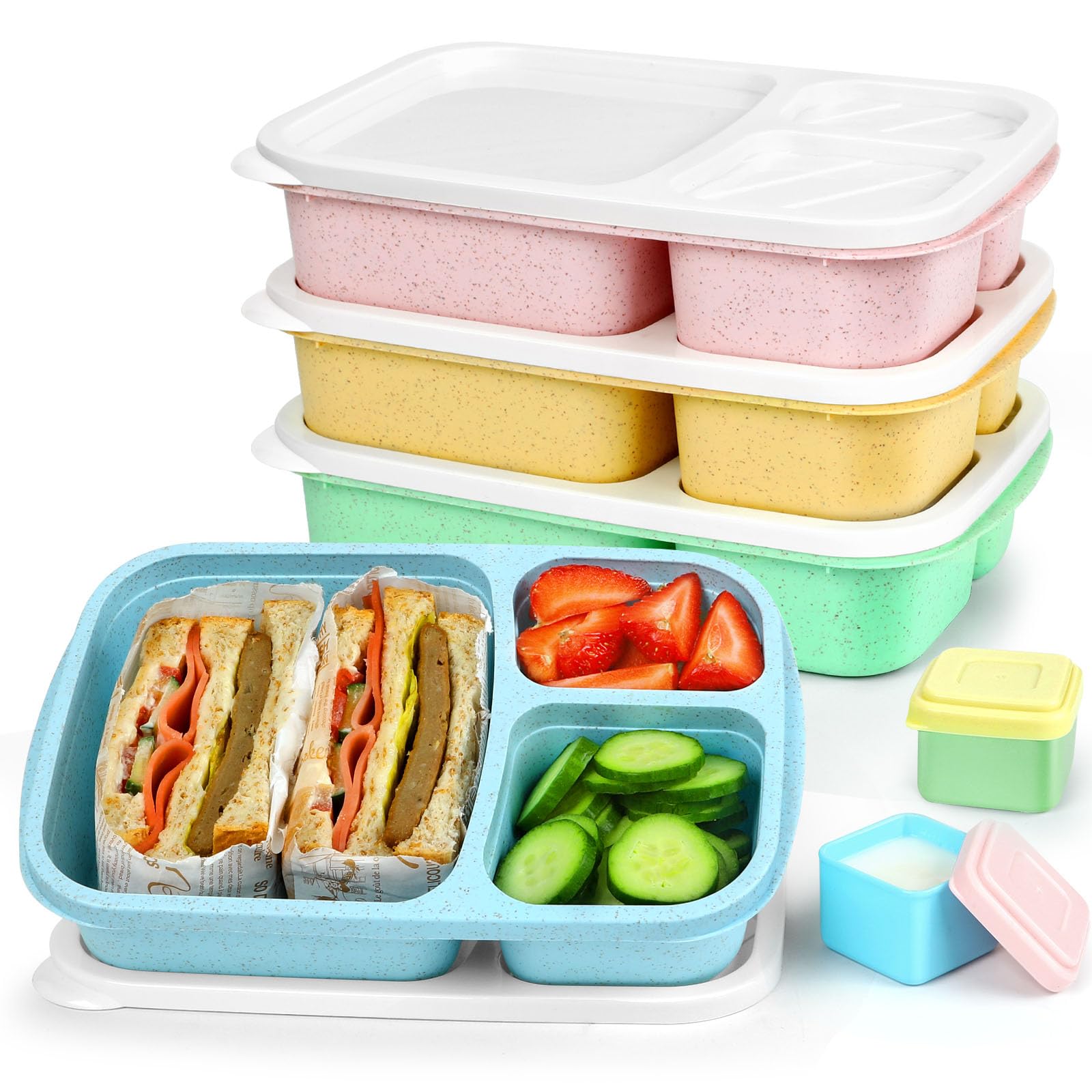 Caperci Bento Lunch Box Containers for Adults & Kids - 3-Compartment Reusable Meal Prep Containers with 2 Sauce Containers for School, Work, Travel, Wheat Straw, 4-Pack (Vintage Colors)