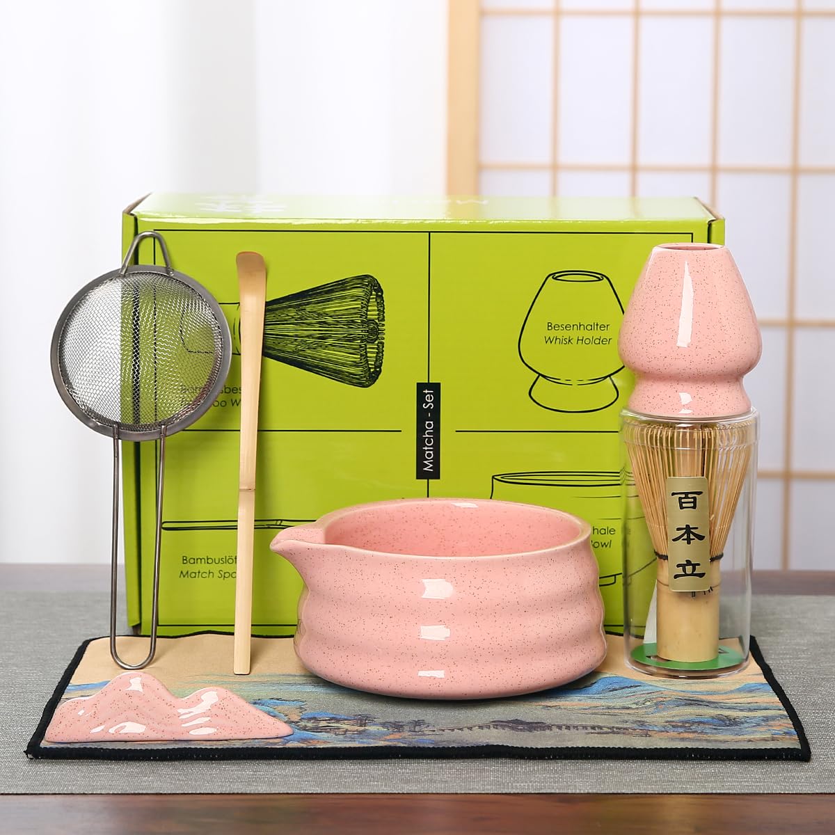 Matcha Tea Ceremony Set with Pink Ceramic Bowl, Bamboo Whisk, Strainer and Mat, 7-Piece Traditional Japanese Style