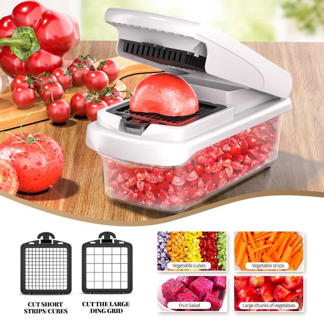 Chkout Vegetable Chopper with Container, 13-in-1 Mandoline Slicer Dicer & Spiralizer, Onion Veggie Chopper, Potato Fry Cutter, Manual Food Chopper, Kitchen Tools Gadgets, Stainless Steel Blades
