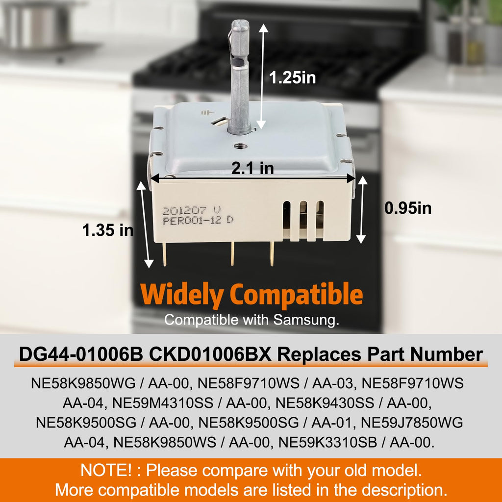 DG44-01006B Range Dual Surface Element Switch Replacement Numbers: AP6037530, PS11771631, EAP11771631 Part Number: PD00035203 Compatible with Samsung