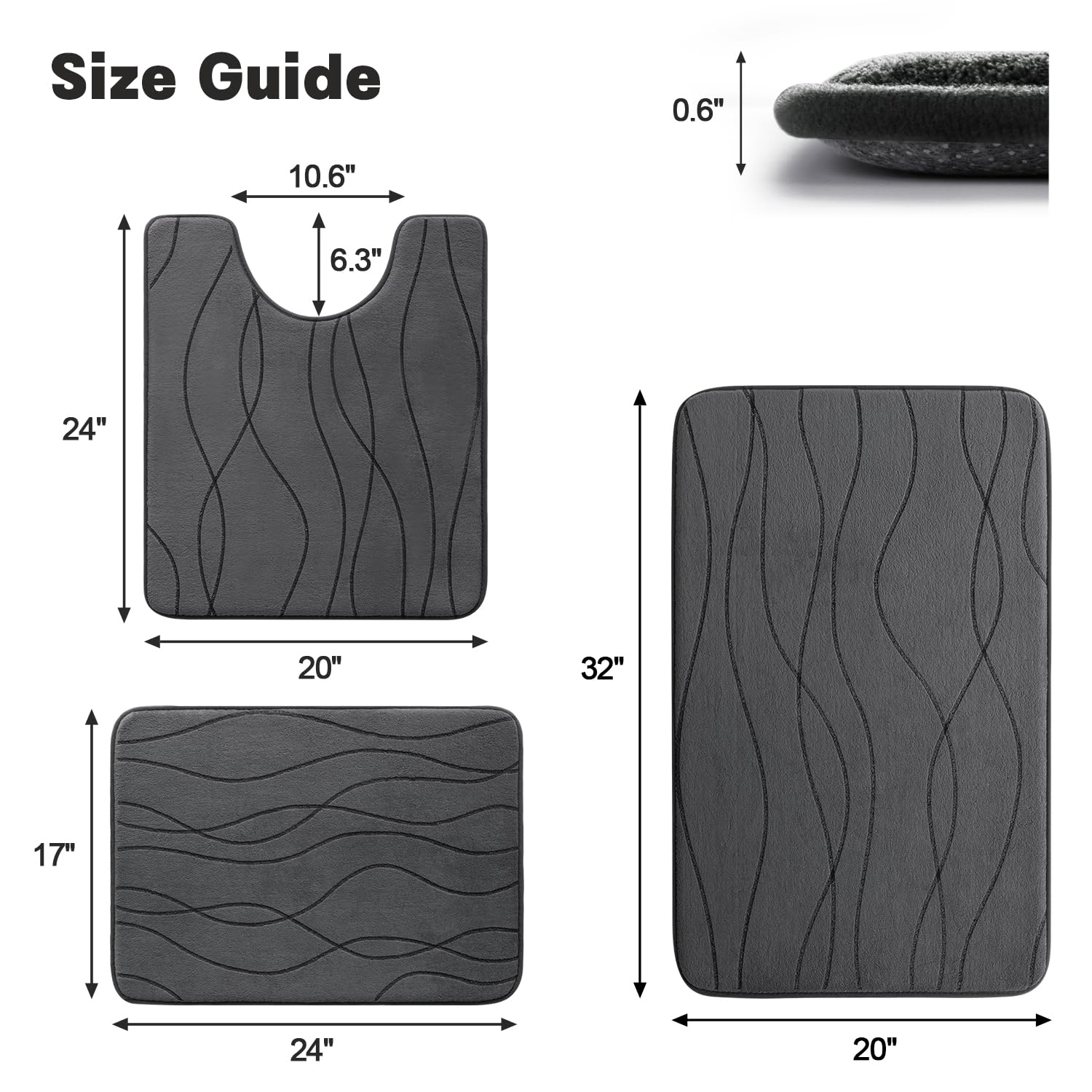 YIHOUSE Memory Foam Grey Bath Mat Set 3 Piece, Ultra Absorbent Bath Mat for Bathroom - Non-Slip Machine Washable & Dry Quickly, 3 Piece Bathroom Mat Set, Dark Grey