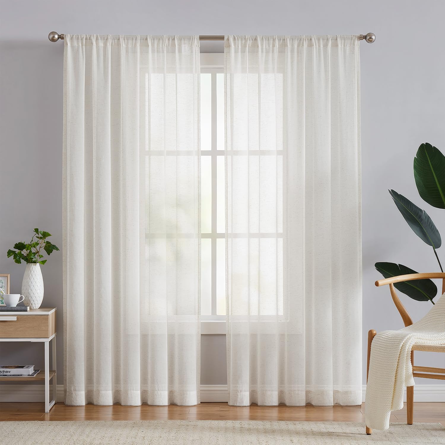 FMFUNCTEX Flax Linen Sheer Curtains for Living Room, Natural Curtains 84 Inches Long for Bedroom, Farmhouse Country Rustic Curtains Semi Sheer Drapes Rod Pocket Window Curtains 2 Panels Beige
