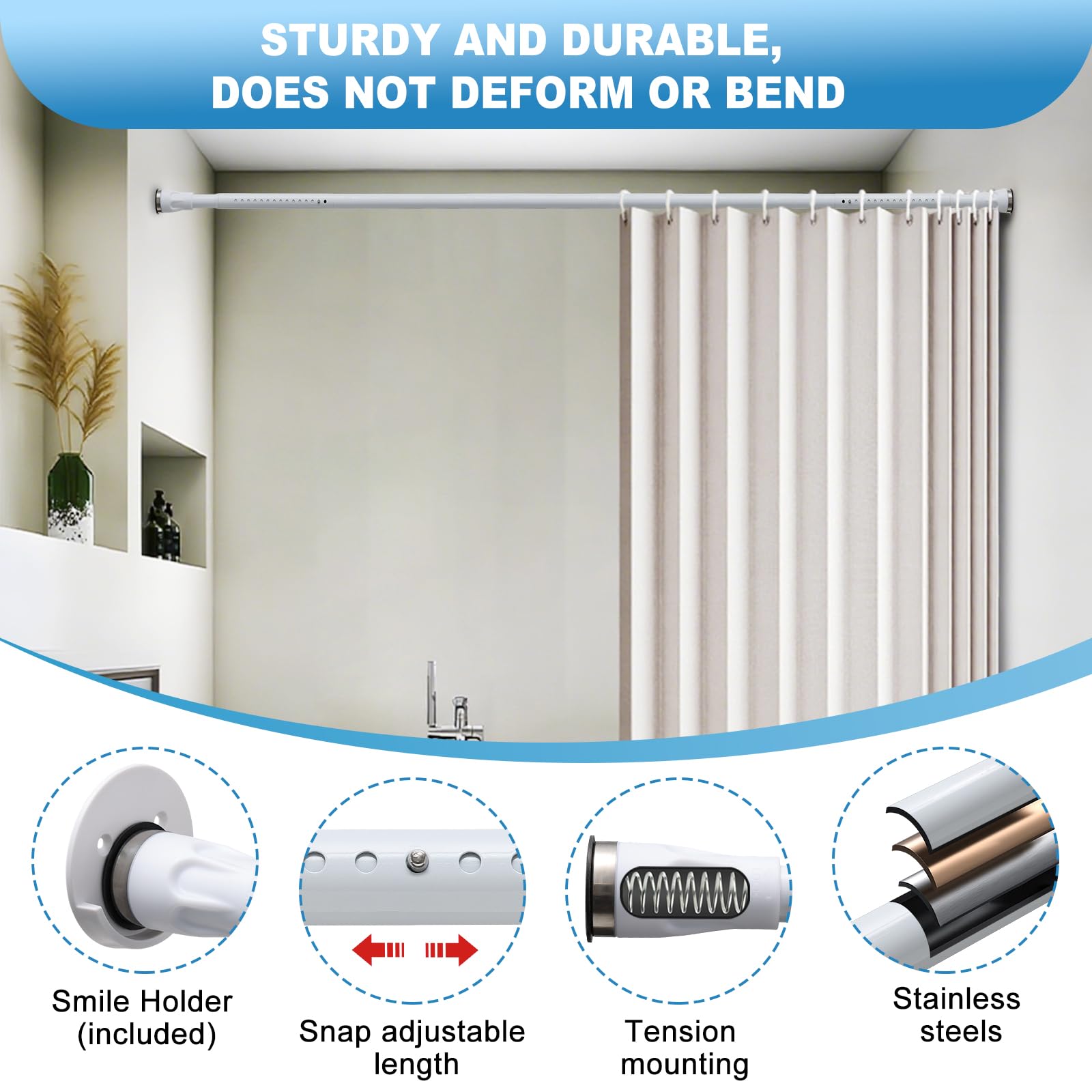 White Tension Curtian rod no drill, 42 to 115 inch Adjustable Heavy Duty black shower curtain rod for Windows bathroom Closet