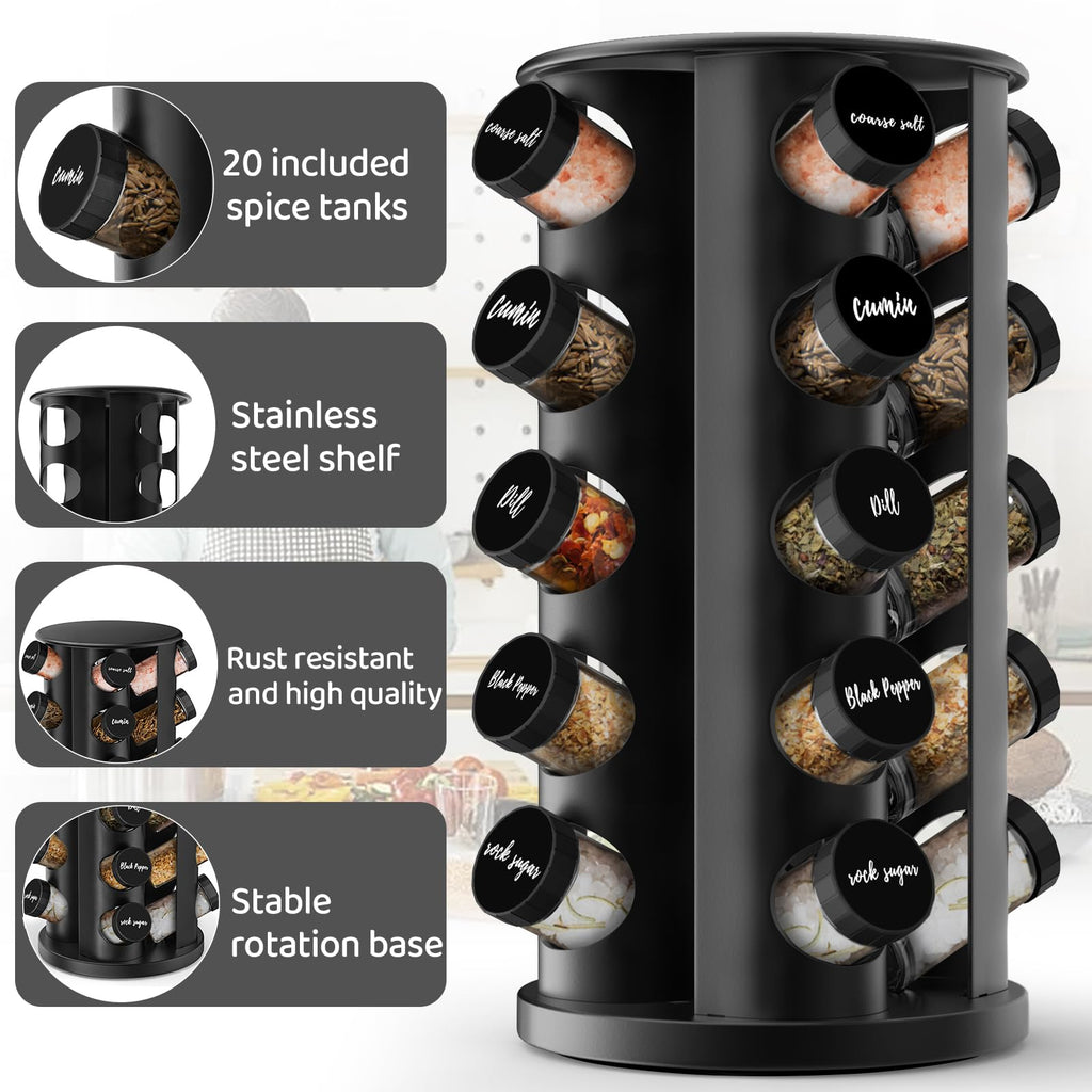 AKOZLIN Rotating Spice Jars with Rack Revolving Spice Rack with 20 Spice Jars Kitchen Spice Tower Organizer Stainless Steel with Stickers and Folding Funnel for Countertop or Cabinet, Silver