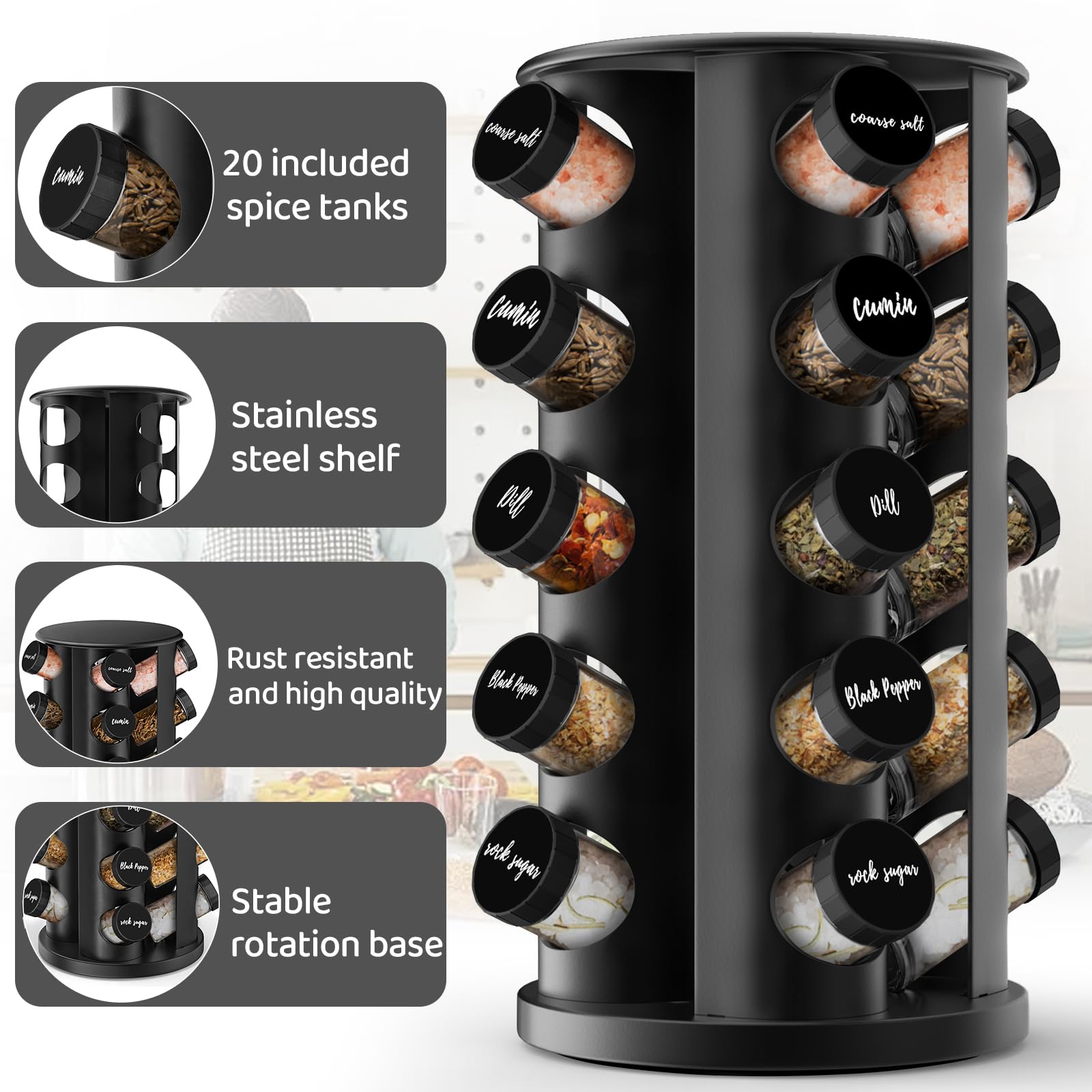 AKOZLIN Rotating Spice Jars with Rack Revolving Spice Rack with 20 Spice Jars Kitchen Spice Tower Organizer Stainless Steel with Stickers and Folding Funnel for Countertop or Cabinet, Silver