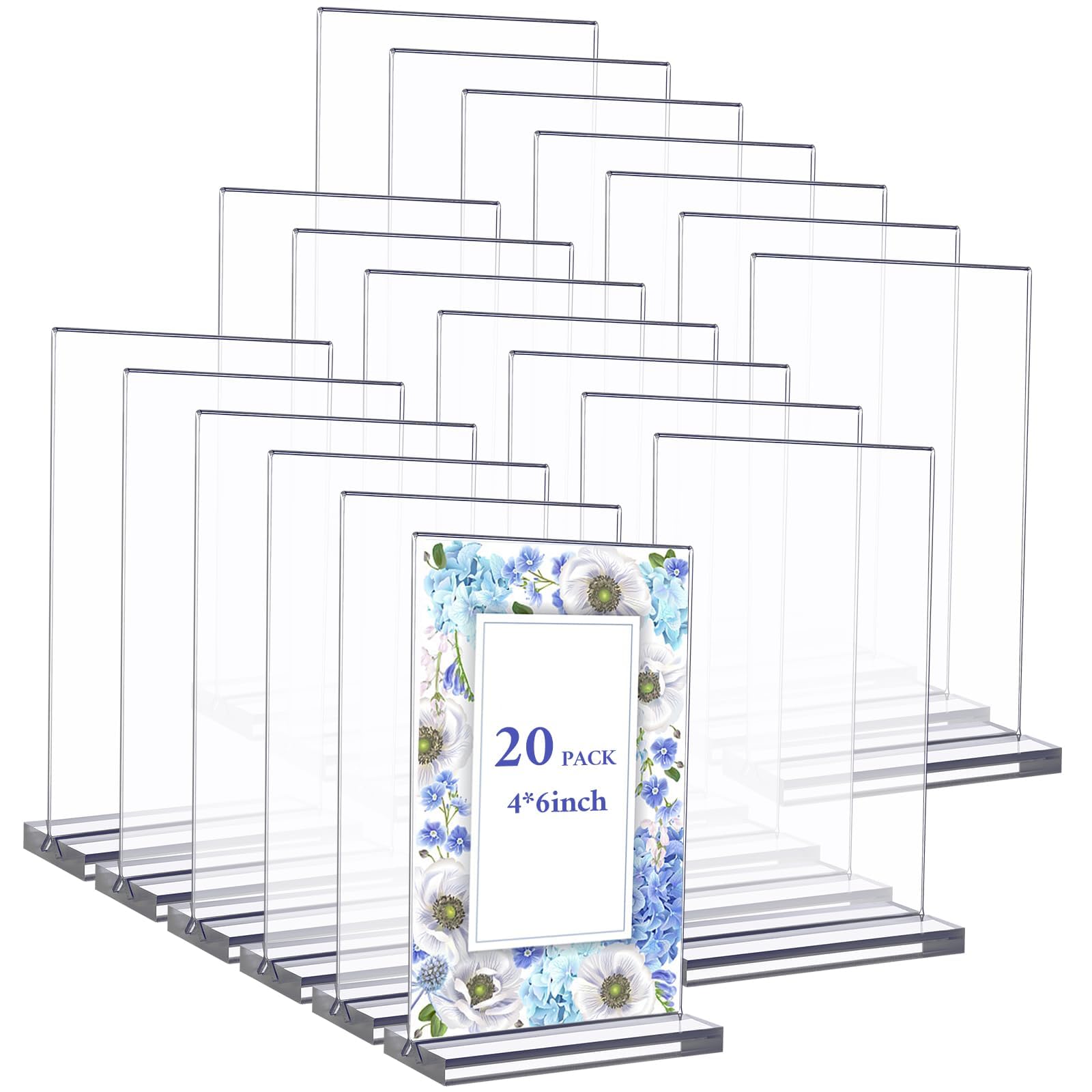PIAOPIAONIU 20 Pack 4x6 Acrylic Sign Holder Double Sided Clear Display Stand Vertical T Shape Flyer Menu Brochure Table Holders for Restaurant Wedding School Office Hotel Party