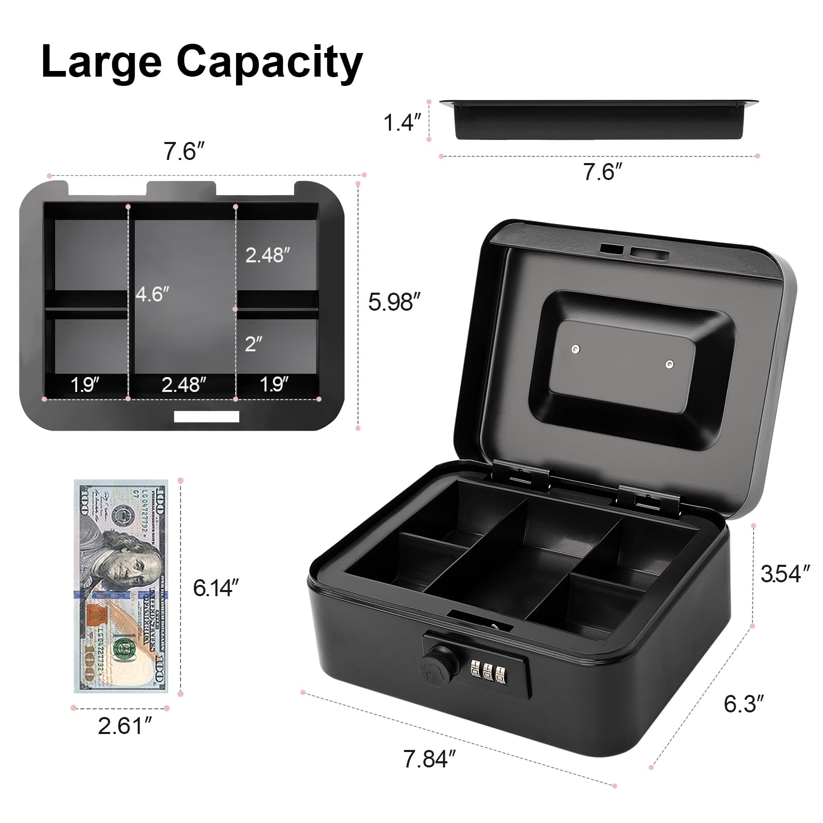 Jssmst Small Cash Box with Combination Lock – Durable Metal Cash Box with Money Tray Black,7.87 x 6.3 x 3.35 inches, CB0701M