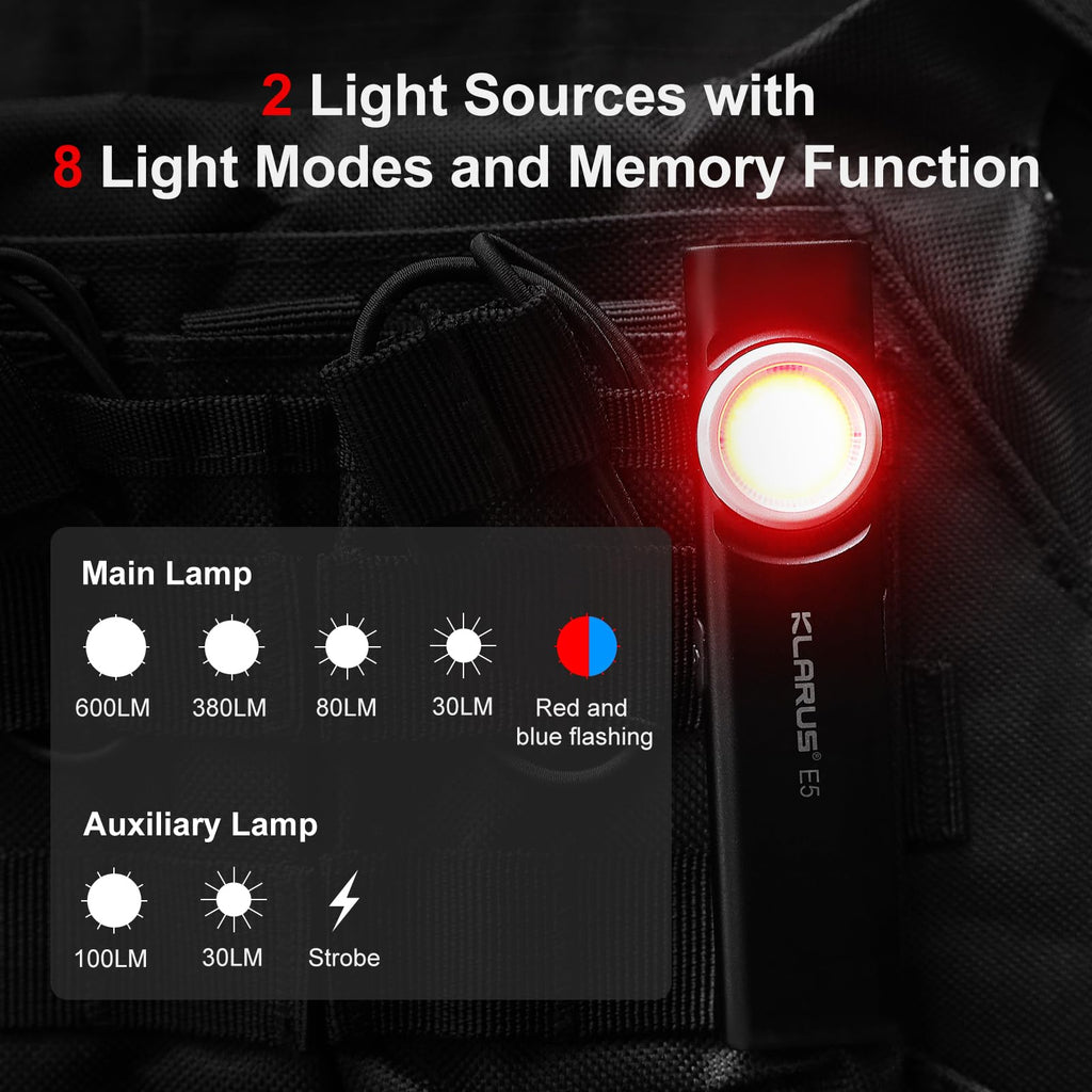 KLARUS E5 Pocket Flashlight, Rechargeable EDC Flashlight, Super Slim 4.2x1x0.3inch, 600 Lumens, USB-C Port, IPX4, Dual Light Source with Magnetic Base, Hat & Clothes Clip - Black