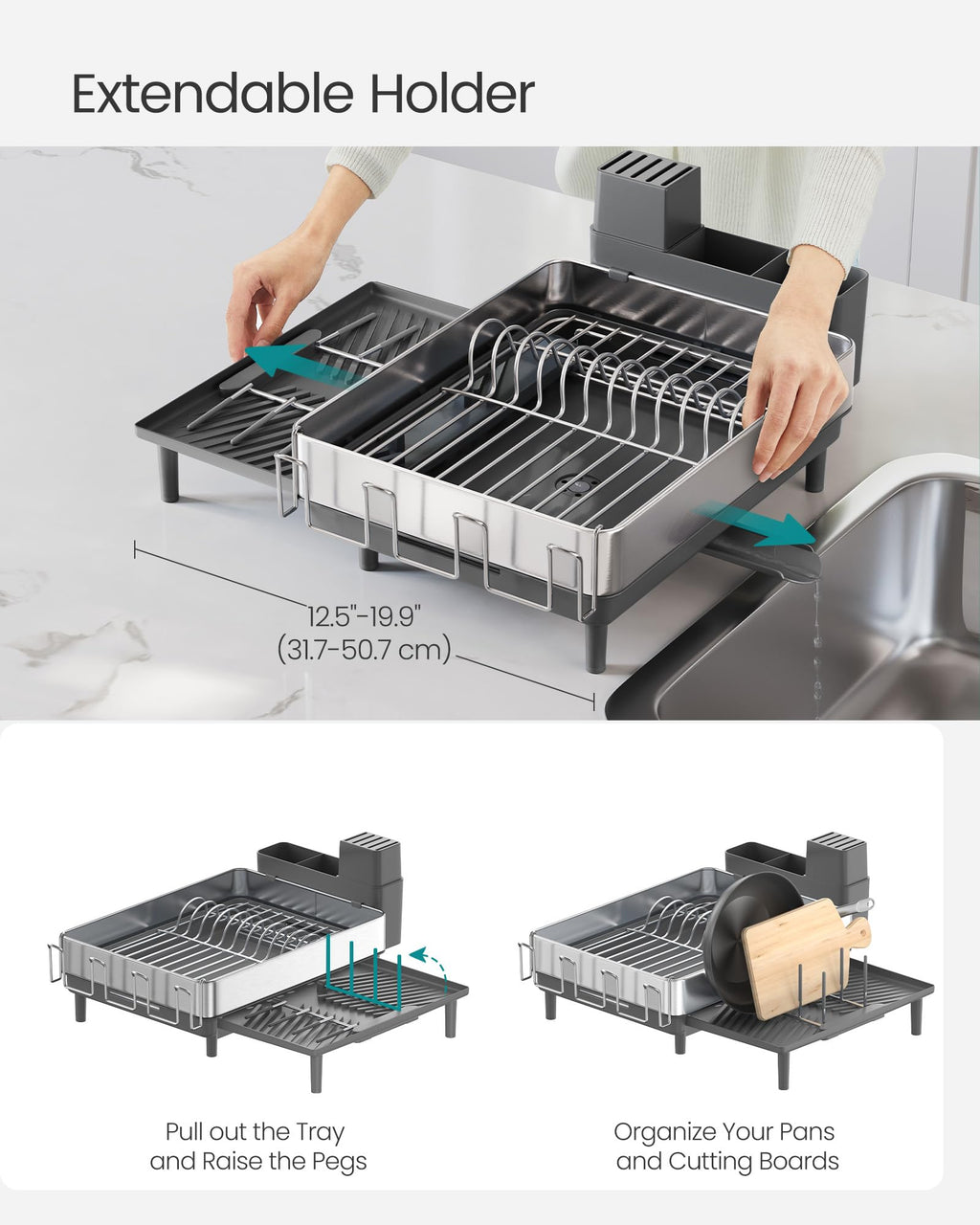 SONGMICS Dish Drying Rack, Expandable Dish Dryer for Kitchen Counter, Stainless Steel Dish Rack with Extendable Spout, Utensil, Cup, Glass, Cutting Board and Pan Holders, Silver and Gray UKCS037G01
