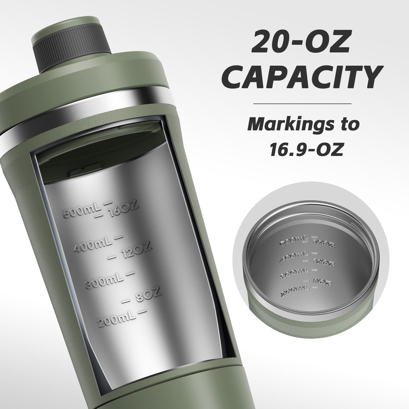 PROCHAIN Insulated Stainless Steel Shaker Bottle, Metal Shaker Cup for Protein Shakes with Storage, Leak-Proof Twist Lock Lid, Perfect for Gym Sports, 20 oz (Dark Green)