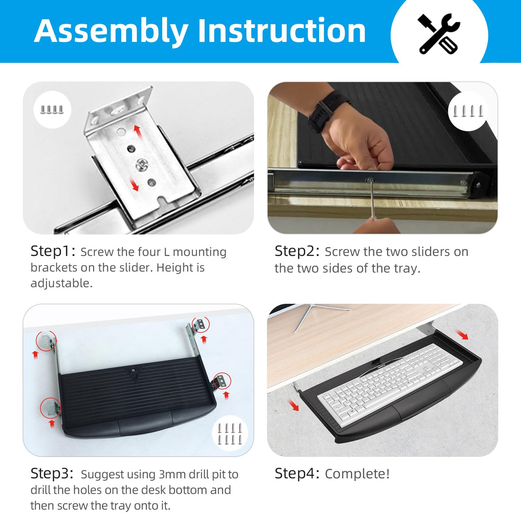 22"Wx11"D Under Desk Keyboard Tray Slide Out, Pull Out Keyboard Tray for Desk, Keyboard Holder Under Desk,Sturdy Keyboard Shelf Under Desk, Black Keyboard Drawer Desk Extender