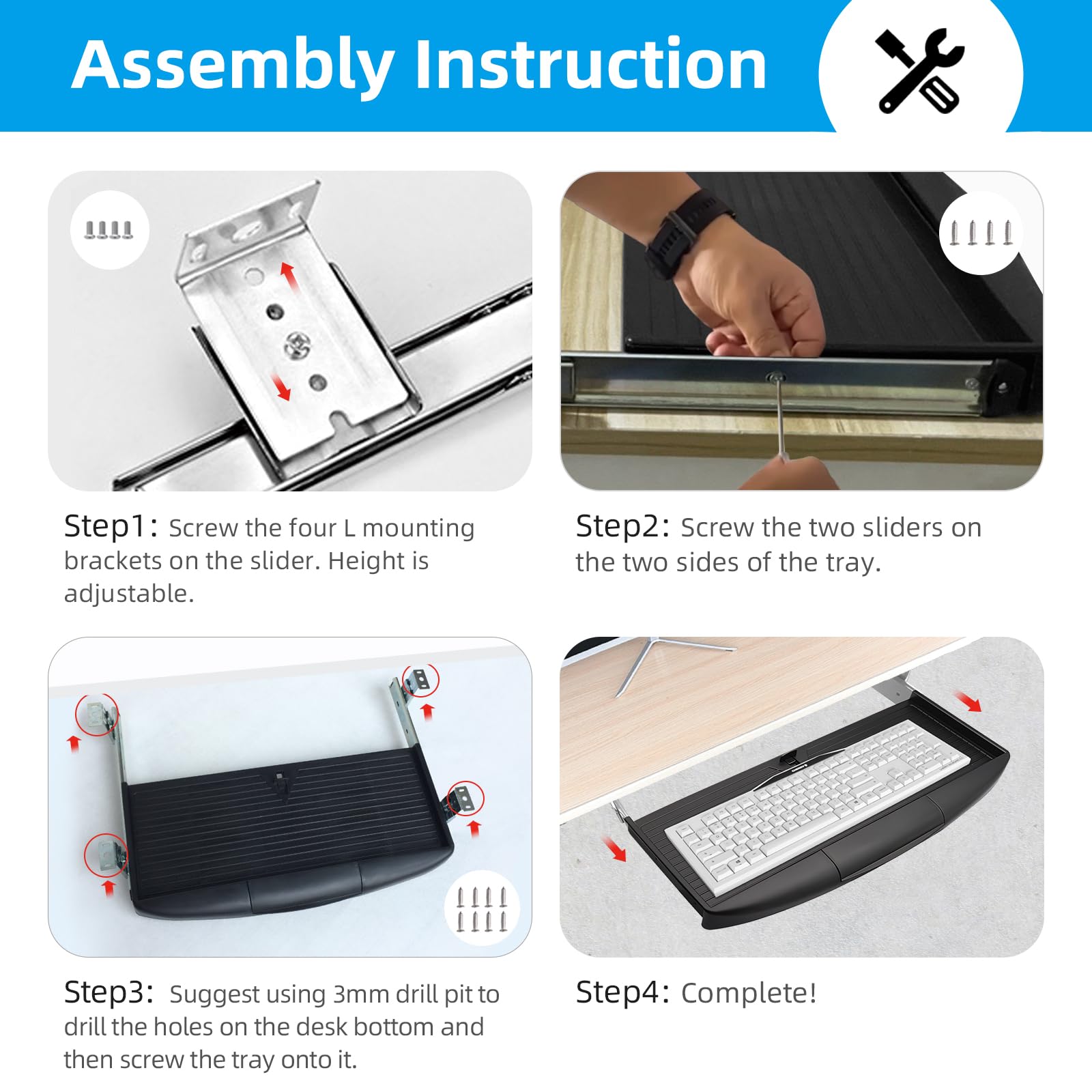 22"Wx11"D Under Desk Keyboard Tray Slide Out, Pull Out Keyboard Tray for Desk, Keyboard Holder Under Desk,Sturdy Keyboard Shelf Under Desk, Black Keyboard Drawer Desk Extender