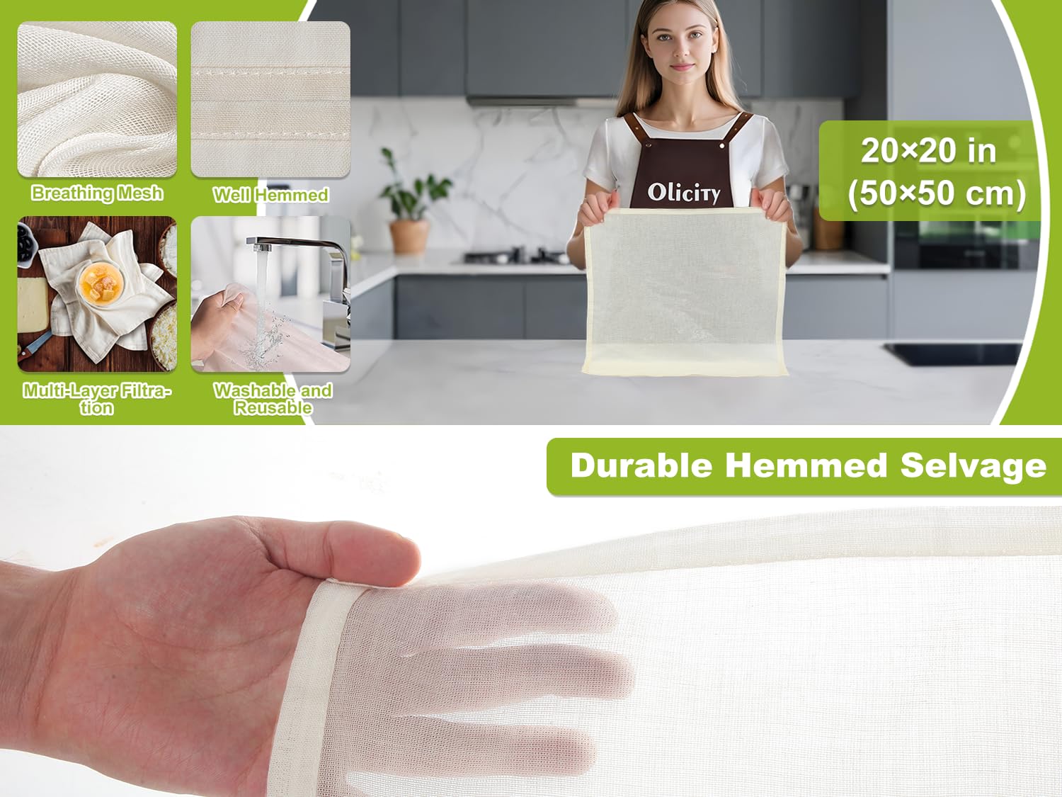 Olicity Cheese Cloth Roll, 20Pack, Grade 100, 20x20Inch Reusable Hemmed Precut Bulk Cheesecloth Roll for Straining, Unbleached Fine Mesh Cotton Filter Cheese Cloths Muslin Cloth for Cooking, Oat Milk
