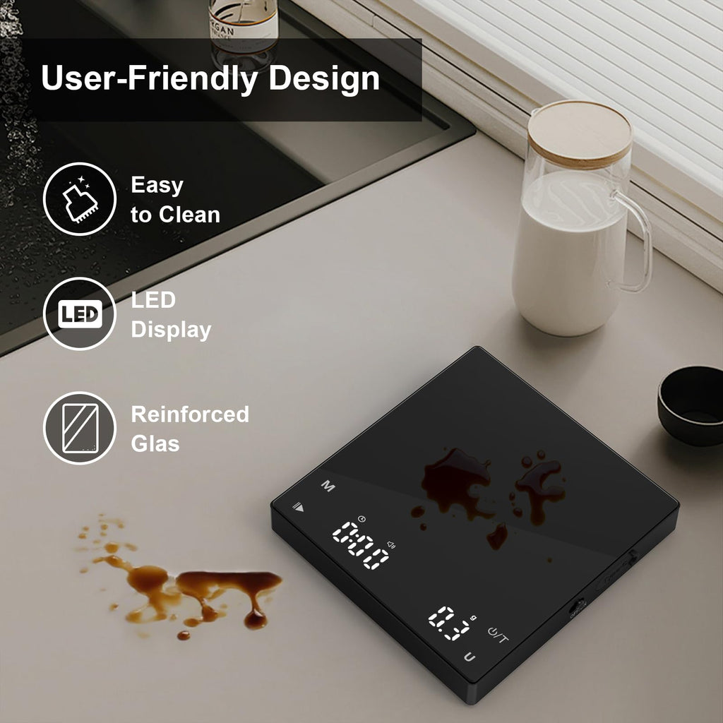 Diyife Mini Coffee Scale with Timer, [0.1g-2kg] Rechargeable Espresso Scale with 6 Units, High Temperature Resistant Glass Panel, Portable Kitchen Scale for Espresso and Pour-Over Coffee, Auto Timing
