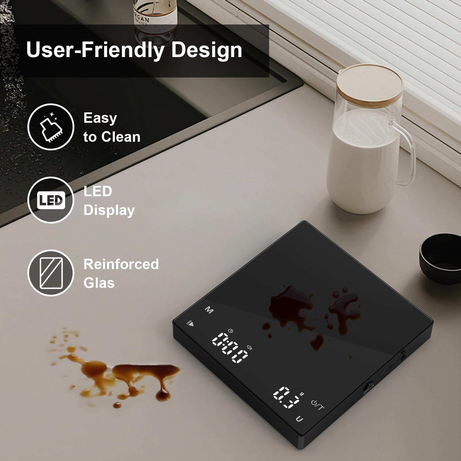 Diyife Mini Coffee Scale with Timer, [0.1g-2kg] Rechargeable Espresso Scale with 6 Units, High Temperature Resistant Glass Panel, Portable Kitchen Scale for Espresso and Pour-Over Coffee, Auto Timing