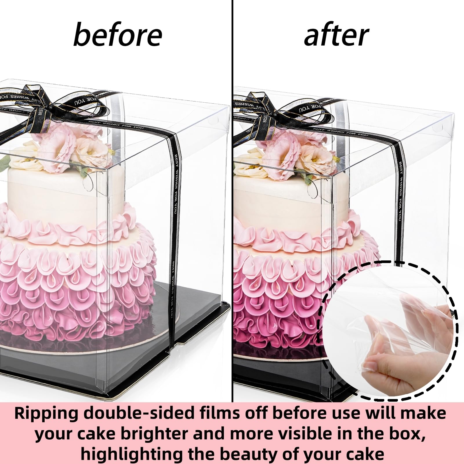Cididu 6 Pack Clear Cake Box with Ribbon, 2-Layer Tall Cake Carrier Boxes, Packaging Boxes 10x10x9 Inch, PET Clear Gift Box with Lid, Transparent Cake Containers for Birthday Party Wedding